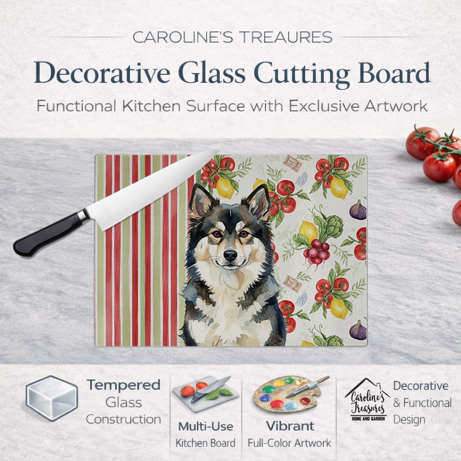 Finnish Lapphund Vegetables Cutting Board Tempered Glass Kitchen Cutting Surface, Heat Resistant Chopping, Non-Slip Feet, Food Prep & Serving