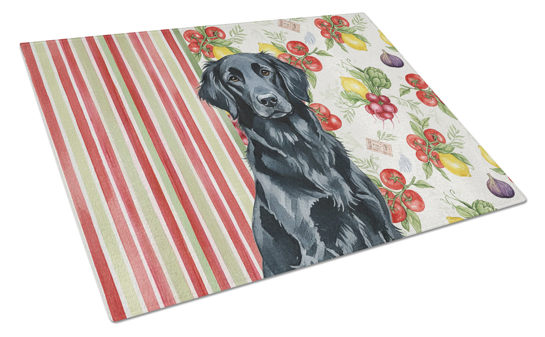 Black Flat-Coated Retriever Vegetables Cutting Board Tempered Glass Kitchen Cutting Surface, Heat Resistant Chopping, Non-Slip Feet, Food Prep & Serving