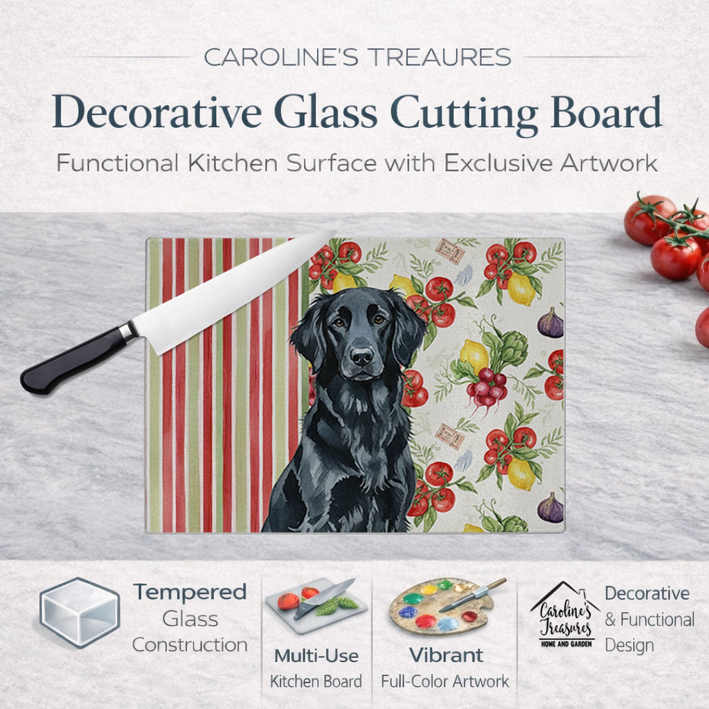 Black Flat-Coated Retriever Vegetables Cutting Board Tempered Glass Kitchen Cutting Surface, Heat Resistant Chopping, Non-Slip Feet, Food Prep & Serving