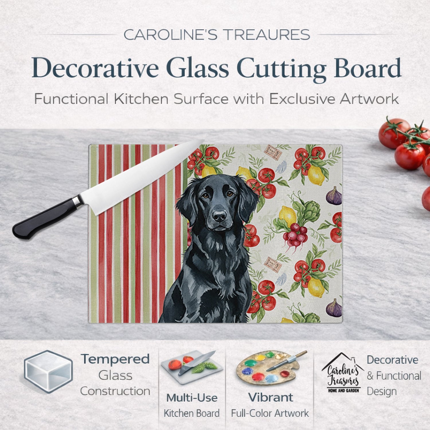 Black Flat-Coated Retriever Vegetables Cutting Board Tempered Glass Kitchen Cutting Surface, Heat Resistant Chopping, Non-Slip Feet, Food Prep & Serving