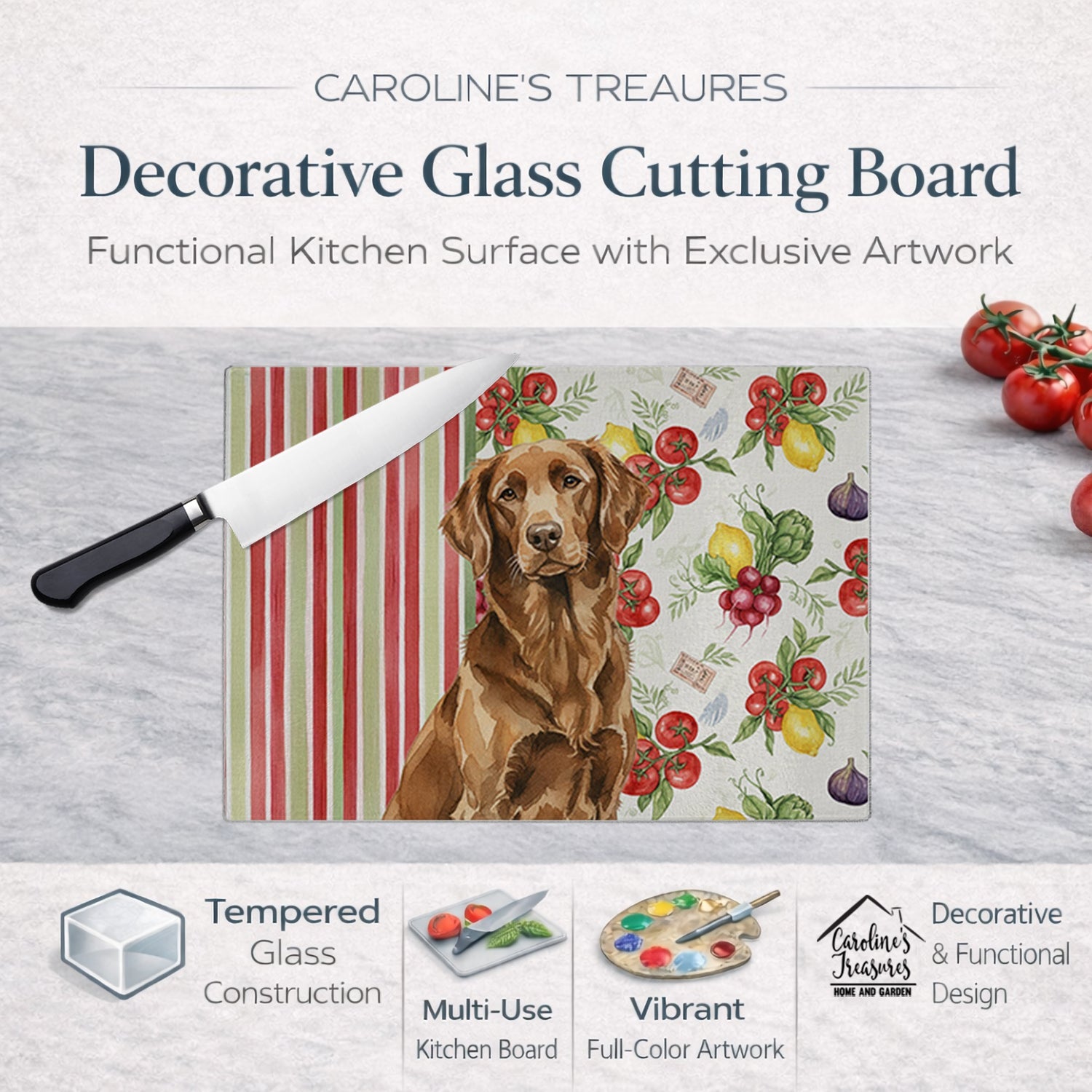 Liver Flat-Coated Retriever Vegetables Cutting Board Tempered Glass Kitchen Cutting Surface, Heat Resistant Chopping, Non-Slip Feet, Food Prep & Serving