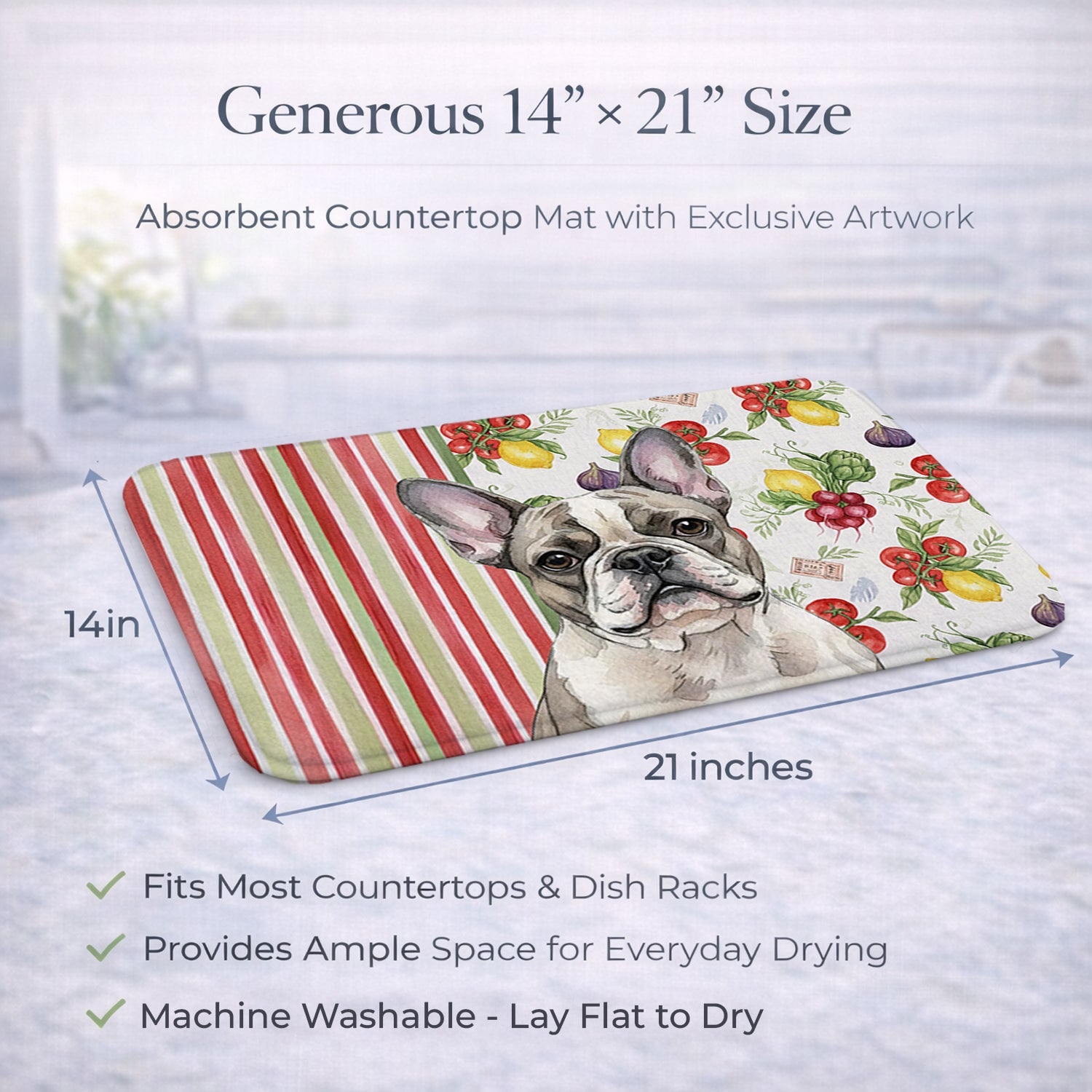 Pied French Bulldog Vegetables Dish Drying Mat Absorbent Dish Drying Mat Pad for Kitchen Counter Dish Drainer Mat for Countertop, 14 x 21", Multicolor