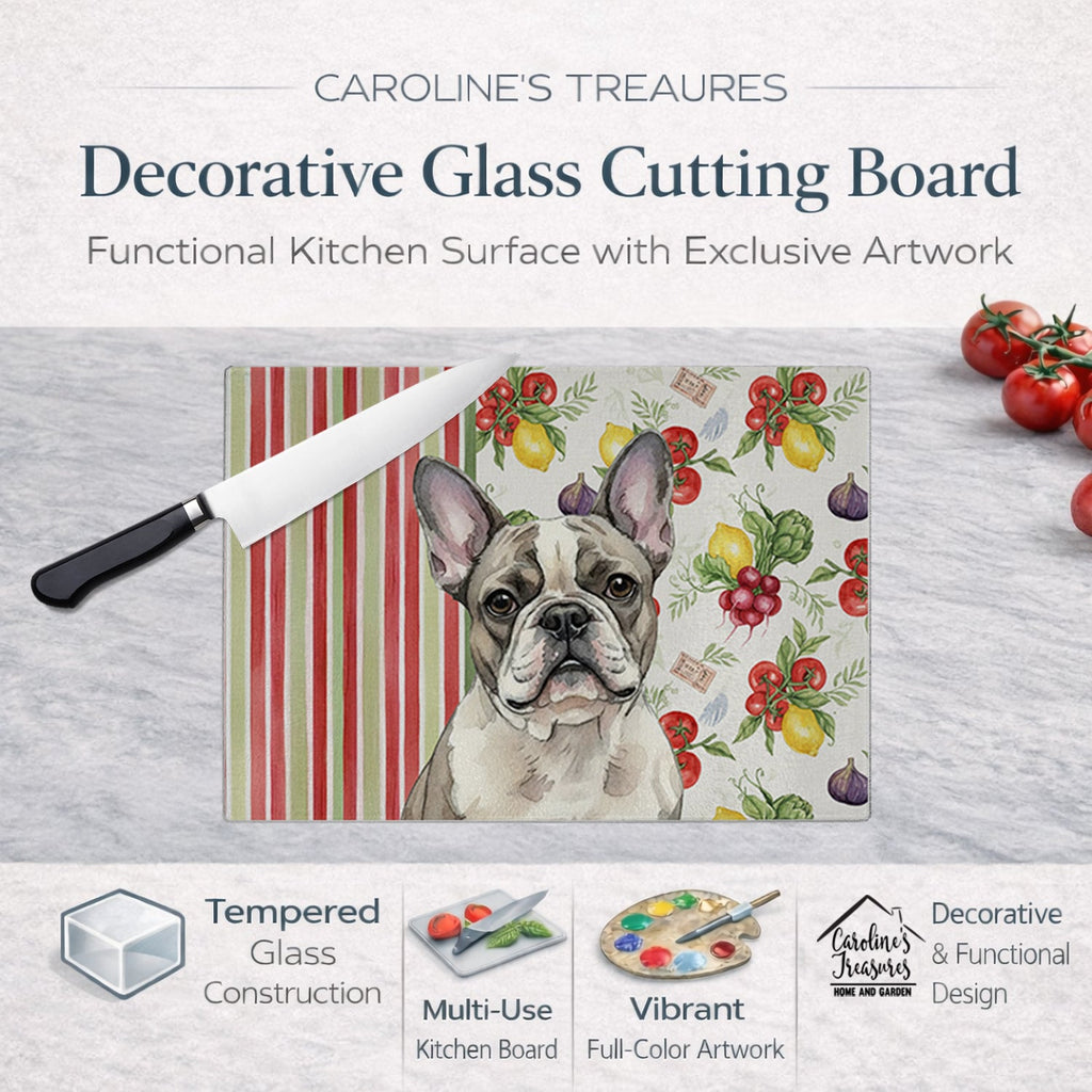 Pied French Bulldog Vegetables Cutting Board Tempered Glass Kitchen Cutting Surface, Heat Resistant Chopping, Non-Slip Feet, Food Prep & Serving