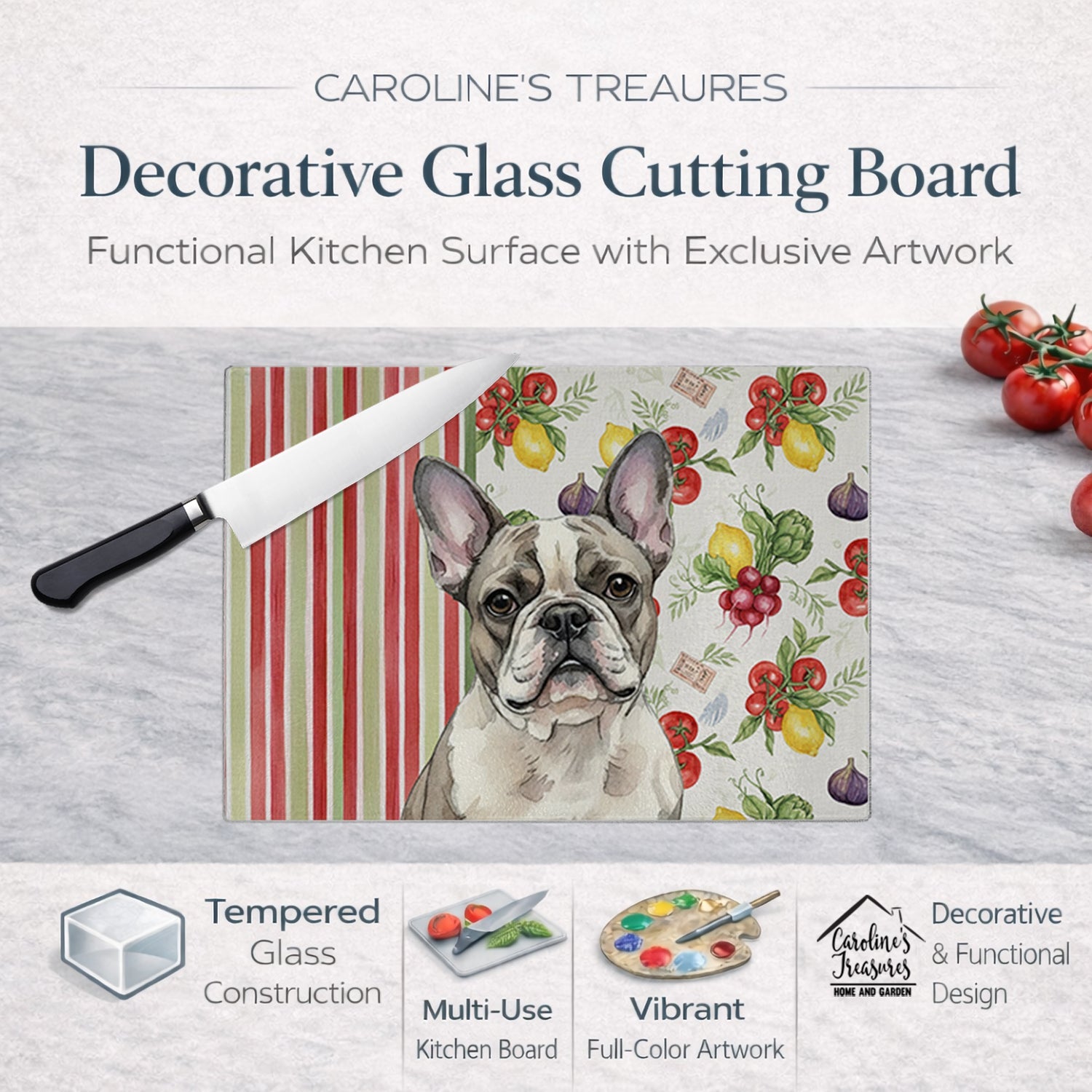 Pied French Bulldog Vegetables Cutting Board Tempered Glass Kitchen Cutting Surface, Heat Resistant Chopping, Non-Slip Feet, Food Prep & Serving