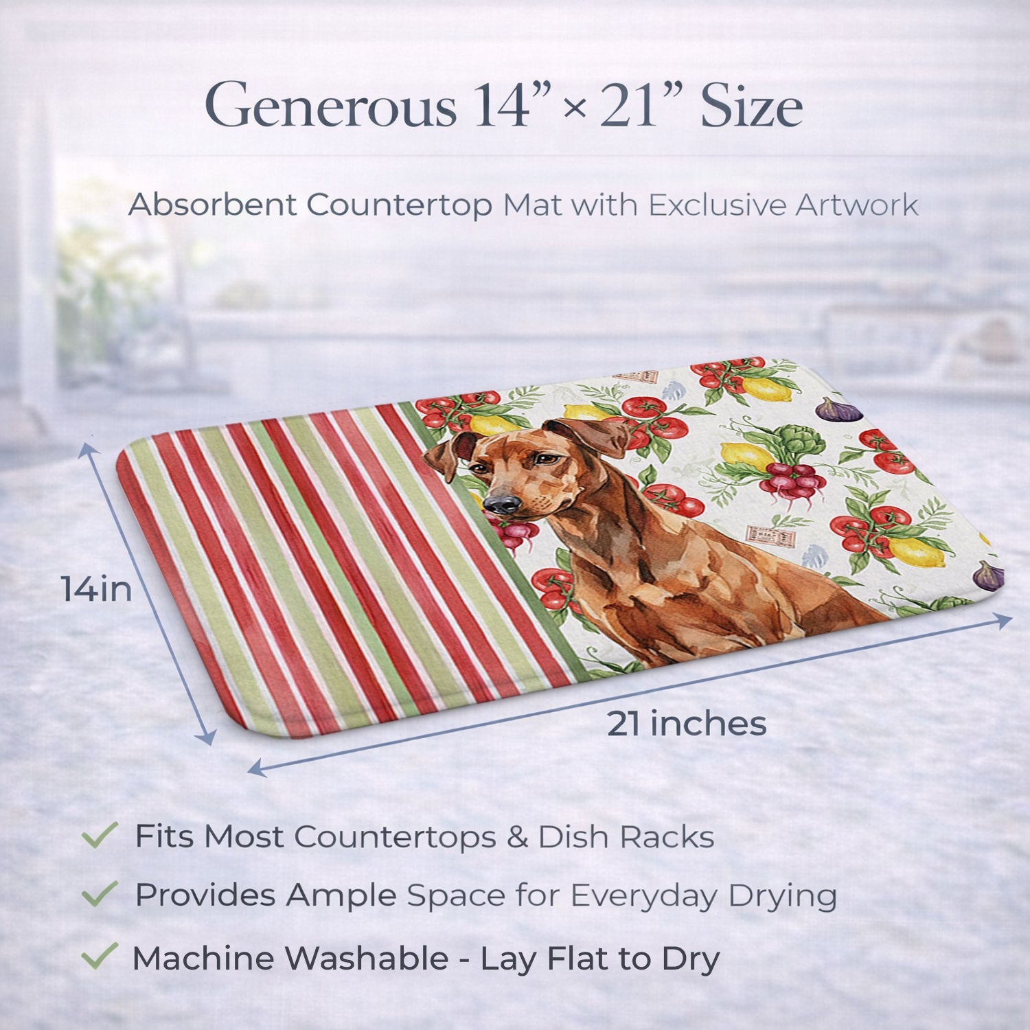 Red German Pinscher Vegetables Dish Drying Mat Absorbent Dish Drying Mat Pad for Kitchen Counter Dish Drainer Mat for Countertop, 14 x 21", Multicolor