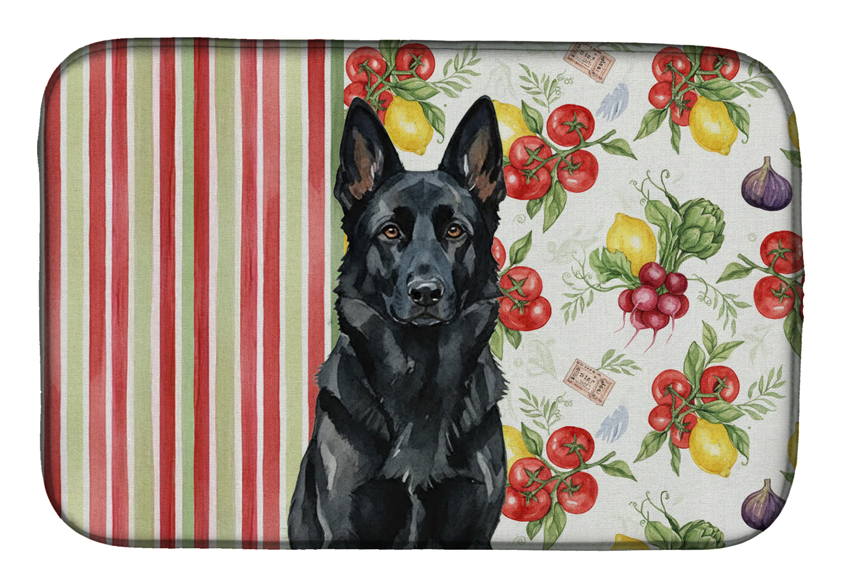 Black German Shepherd Vegetables Dish Drying Mat Absorbent Dish Drying Mat Pad for Kitchen Counter Dish Drainer Mat for Countertop, 14 x 21", Multicolor