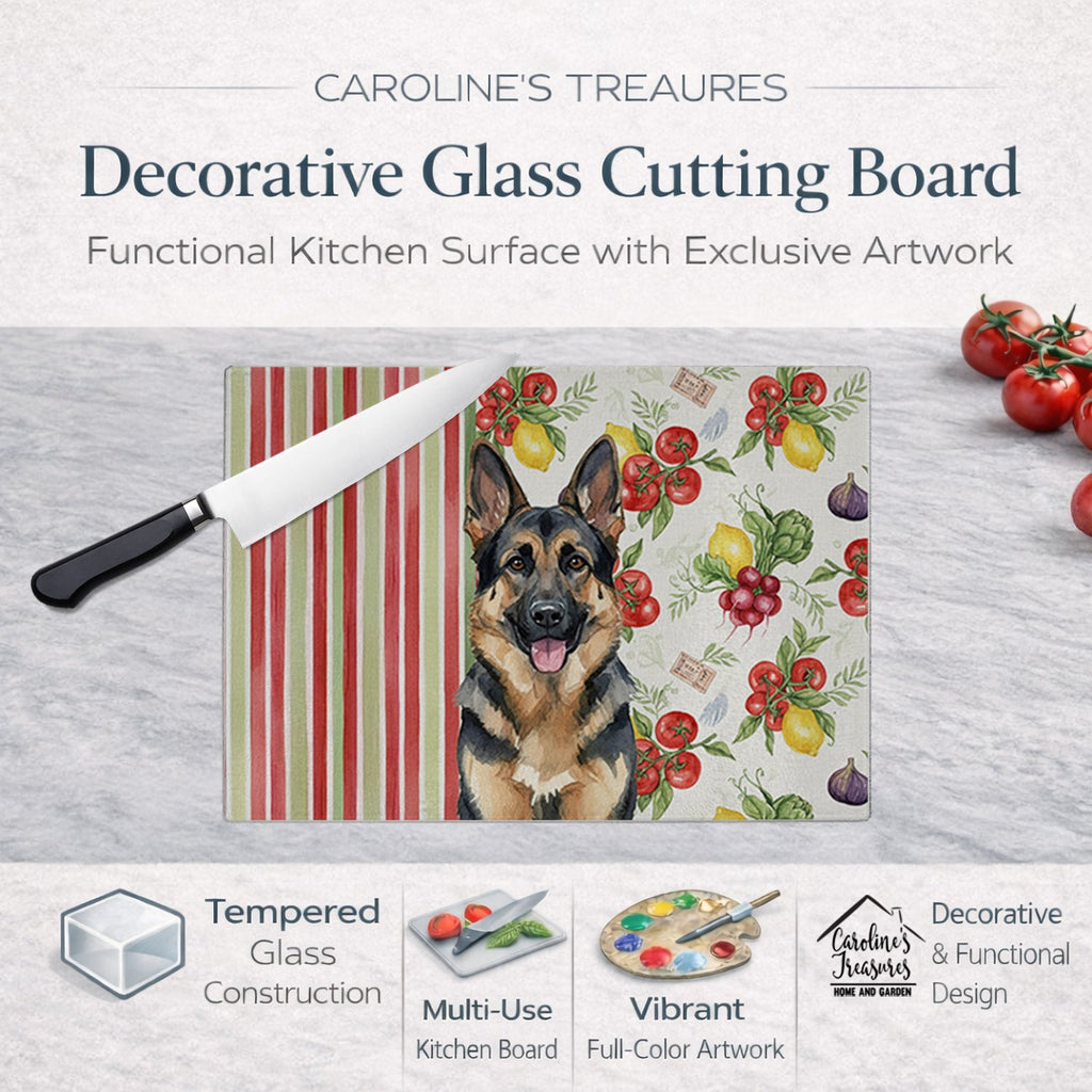 German Shepherd Vegetables Cutting Board Tempered Glass Kitchen Cutting Surface, Heat Resistant Chopping, Non-Slip Feet, Food Prep & Serving