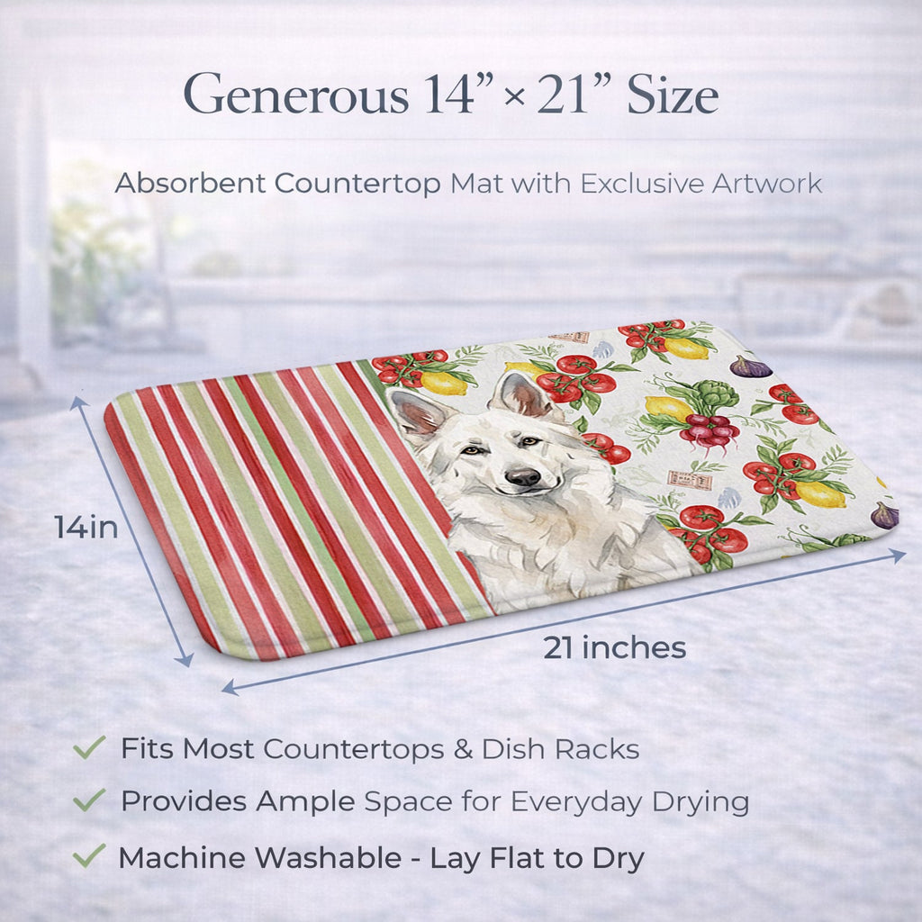 White German Shepherd Vegetables Dish Drying Mat Absorbent Dish Drying Mat Pad for Kitchen Counter Dish Drainer Mat for Countertop, 14 x 21", Multicolor
