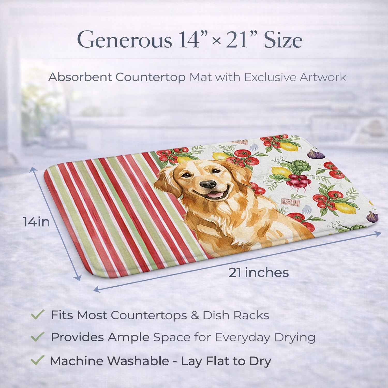 Golden Retriever Vegetables Dish Drying Mat Absorbent Dish Drying Mat Pad for Kitchen Counter Dish Drainer Mat for Countertop, 14 x 21", Multicolor