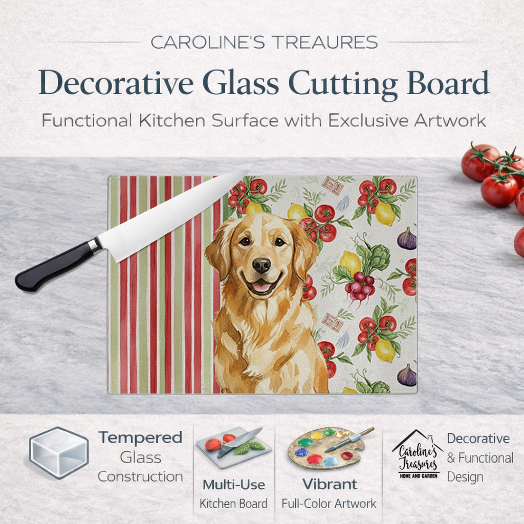 Golden Retriever Vegetables Cutting Board Tempered Glass Kitchen Cutting Surface, Heat Resistant Chopping, Non-Slip Feet, Food Prep & Serving