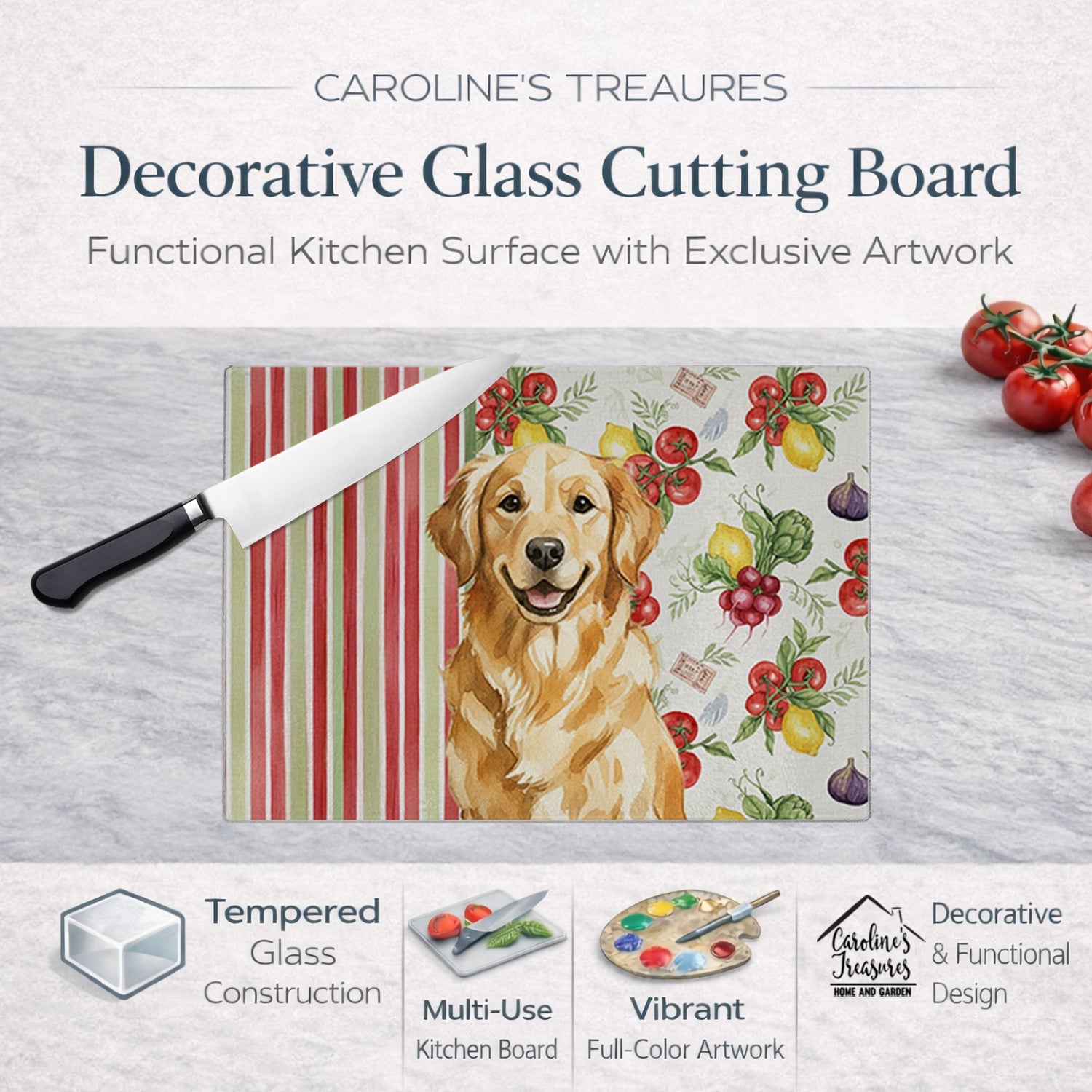 Golden Retriever Vegetables Cutting Board Tempered Glass Kitchen Cutting Surface, Heat Resistant Chopping, Non-Slip Feet, Food Prep & Serving