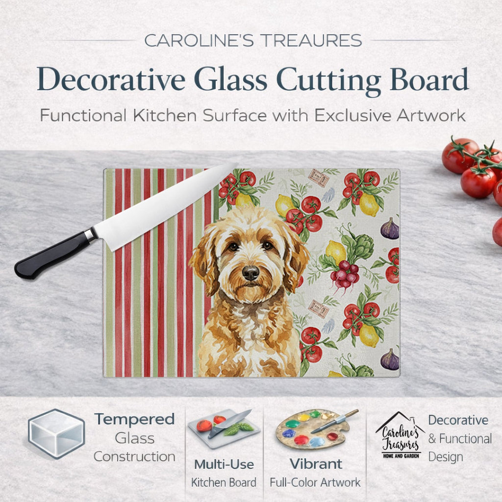 Goldendoodle Vegetables Cutting Board Tempered Glass Kitchen Cutting Surface, Heat Resistant Chopping, Non-Slip Feet, Food Prep & Serving
