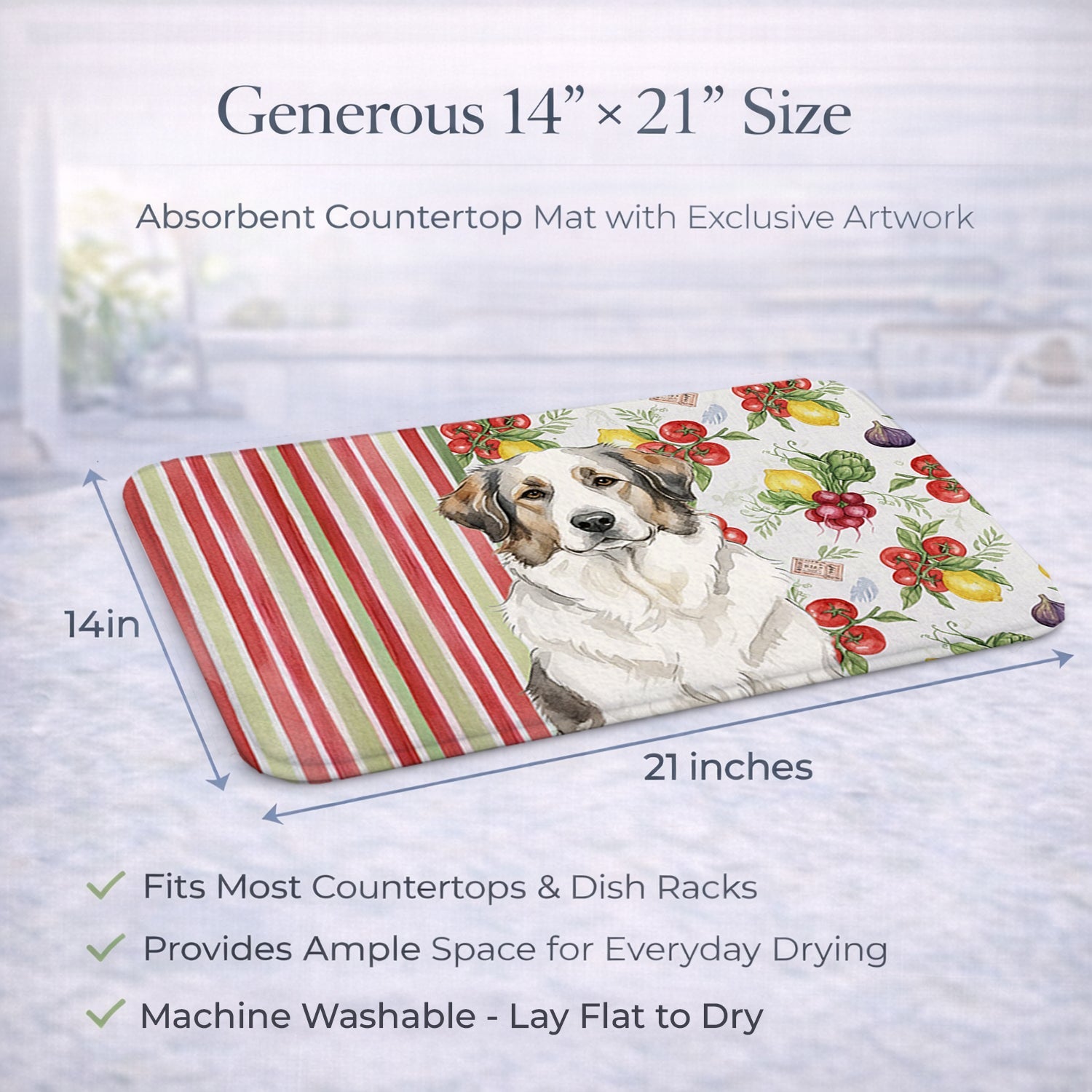 Badger Great Pyrenees Vegetables Dish Drying Mat Absorbent Dish Drying Mat Pad for Kitchen Counter Dish Drainer Mat for Countertop, 14 x 21", Multicolor