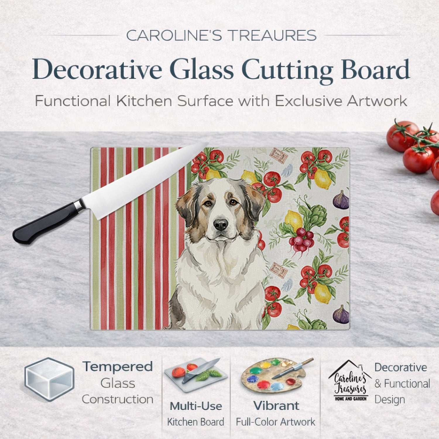 Badger Great Pyrenees Vegetables Cutting Board Tempered Glass Kitchen Cutting Surface, Heat Resistant Chopping, Non-Slip Feet, Food Prep & Serving