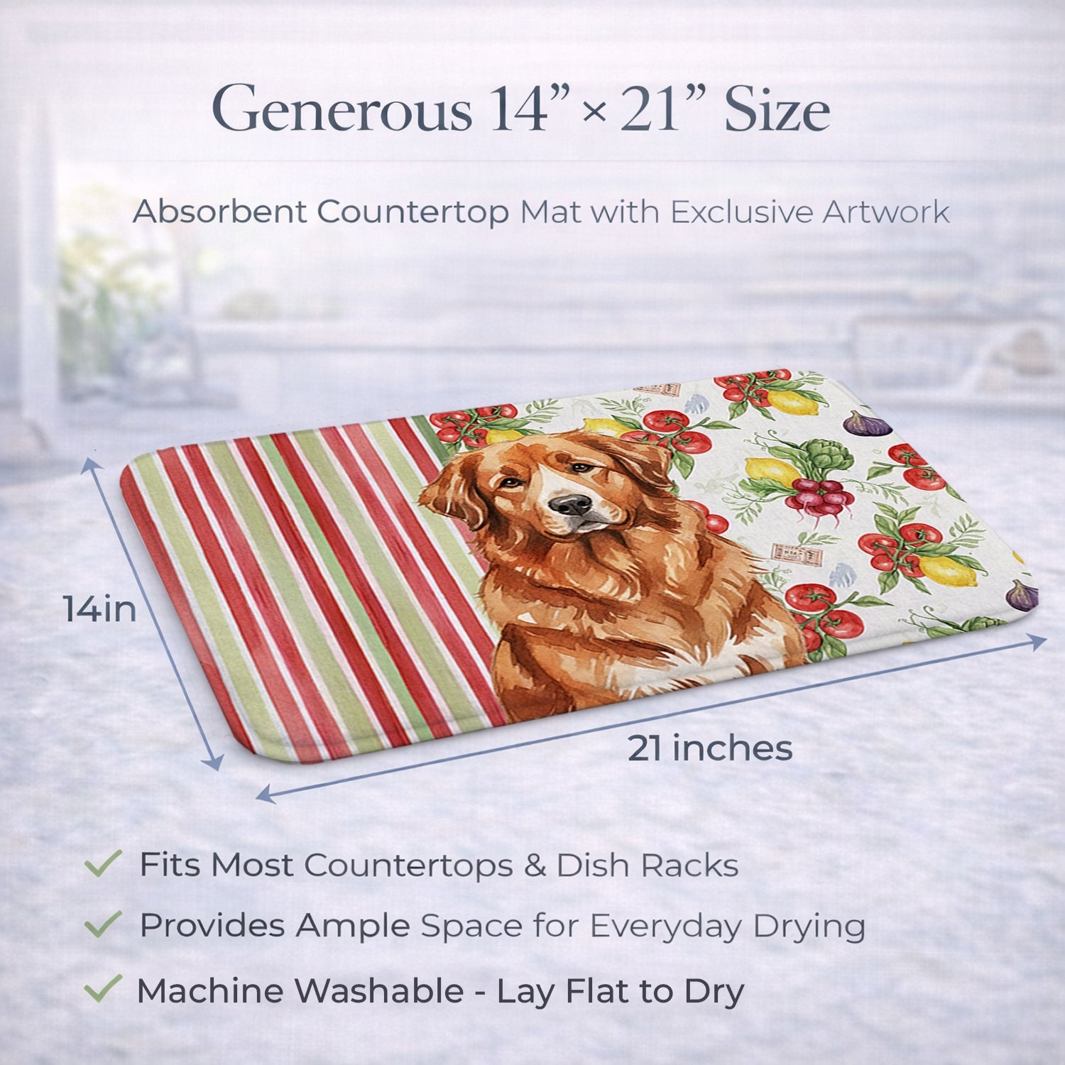 Reddish Brown Great Pyrenees Vegetables Dish Drying Mat Absorbent Dish Drying Mat Pad for Kitchen Counter Dish Drainer Mat for Countertop, 14 x 21", Multicolor