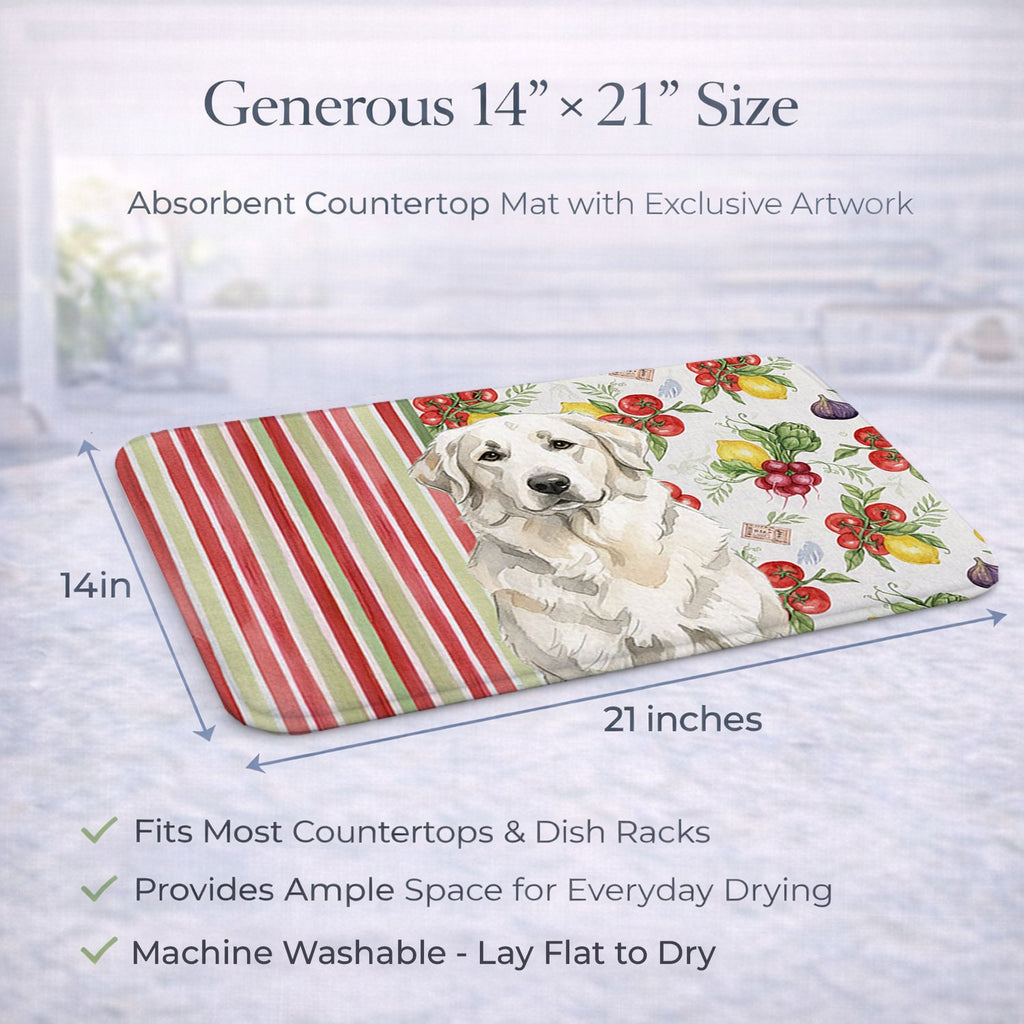 White Great Pyrenees Vegetables Dish Drying Mat Absorbent Dish Drying Mat Pad for Kitchen Counter Dish Drainer Mat for Countertop, 14 x 21", Multicolor