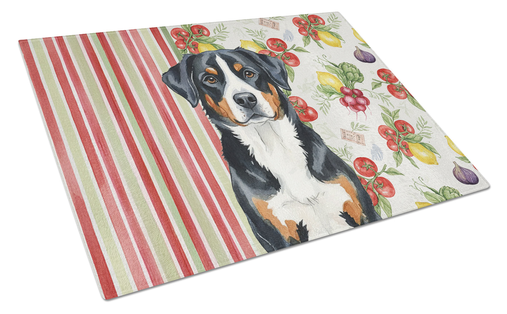 Greater Swiss Mountain Dog Vegetables Cutting Board Tempered Glass Kitchen Cutting Surface, Heat Resistant Chopping, Non-Slip Feet, Food Prep & Serving