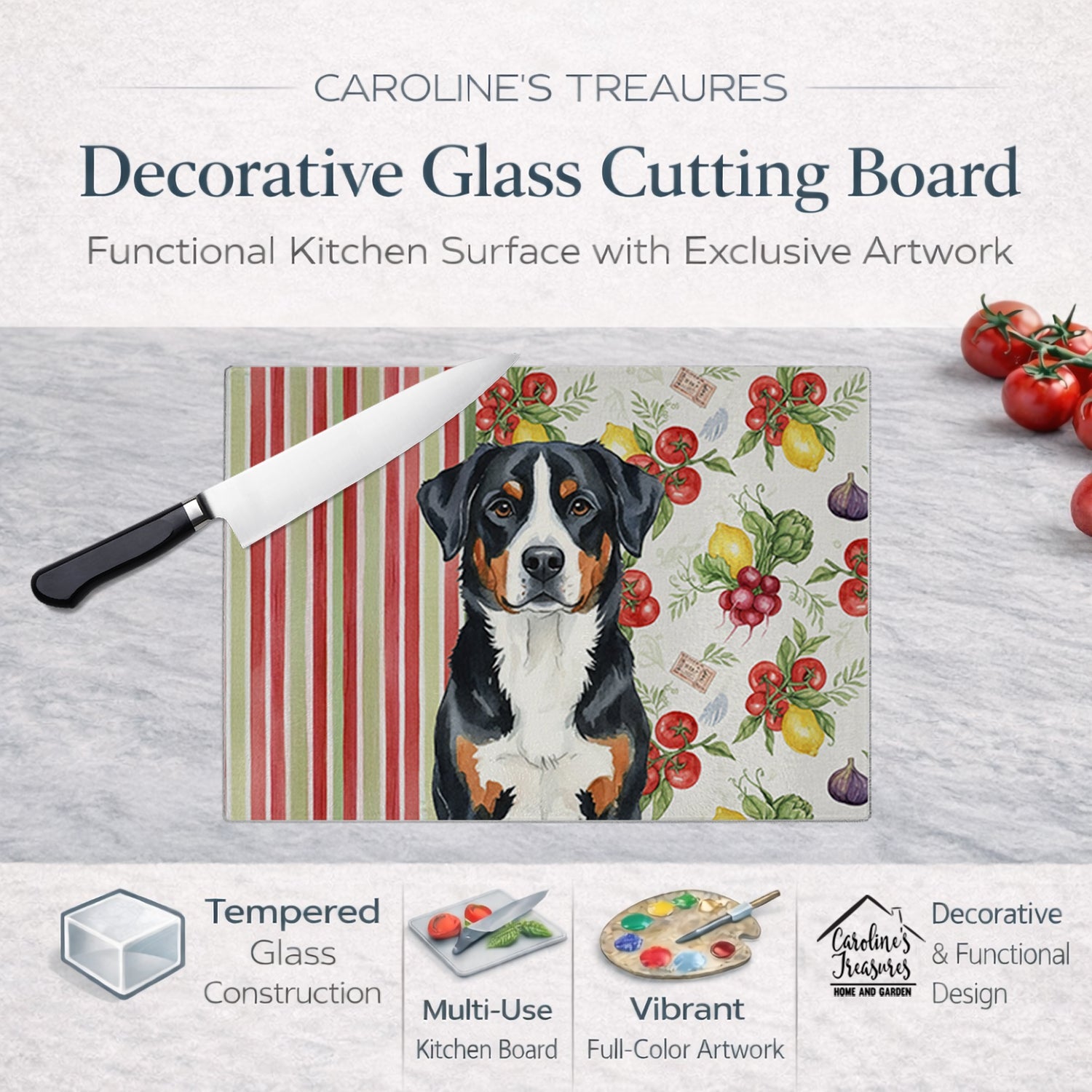 Greater Swiss Mountain Dog Vegetables Cutting Board Tempered Glass Kitchen Cutting Surface, Heat Resistant Chopping, Non-Slip Feet, Food Prep & Serving