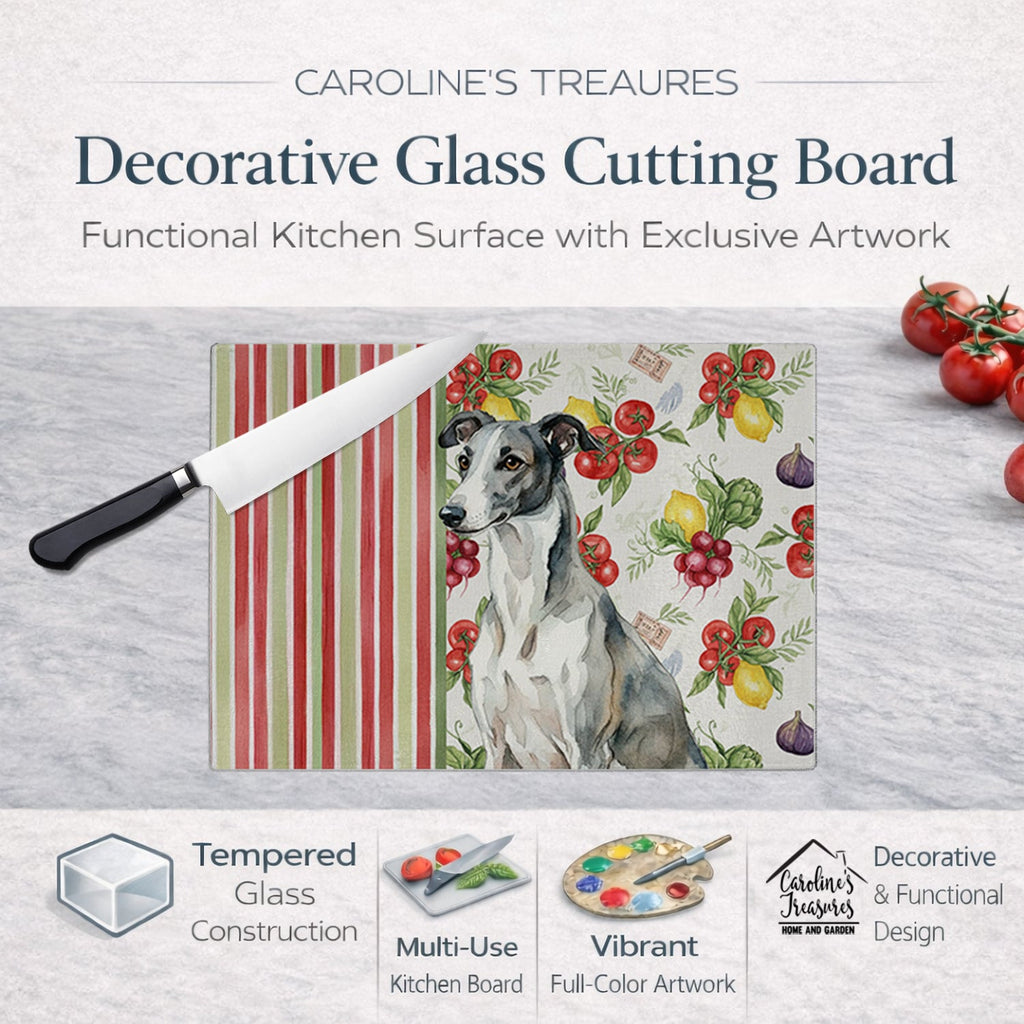 Black and White Greyhound Vegetables Cutting Board Tempered Glass Kitchen Cutting Surface, Heat Resistant Chopping, Non-Slip Feet, Food Prep & Serving