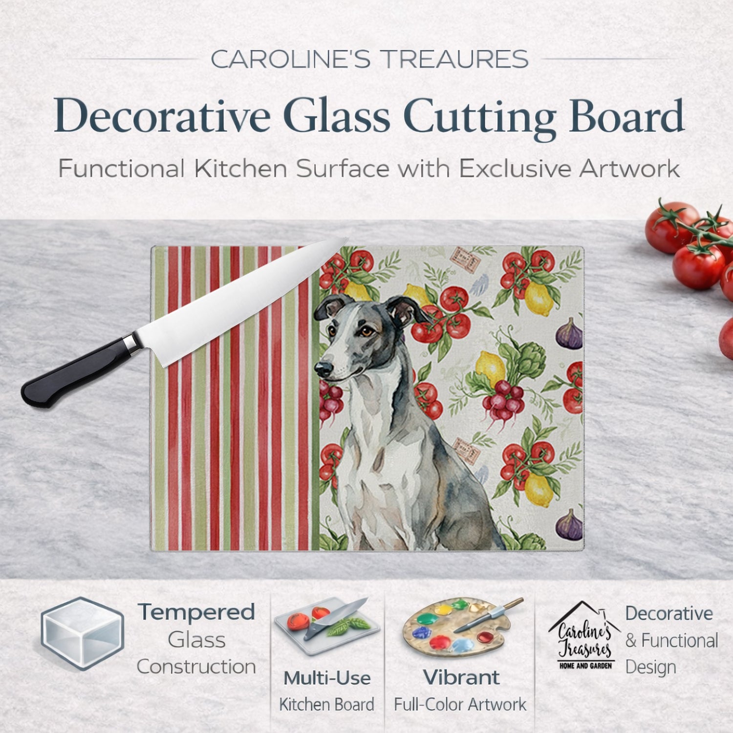 Black and White Greyhound Vegetables Cutting Board Tempered Glass Kitchen Cutting Surface, Heat Resistant Chopping, Non-Slip Feet, Food Prep & Serving