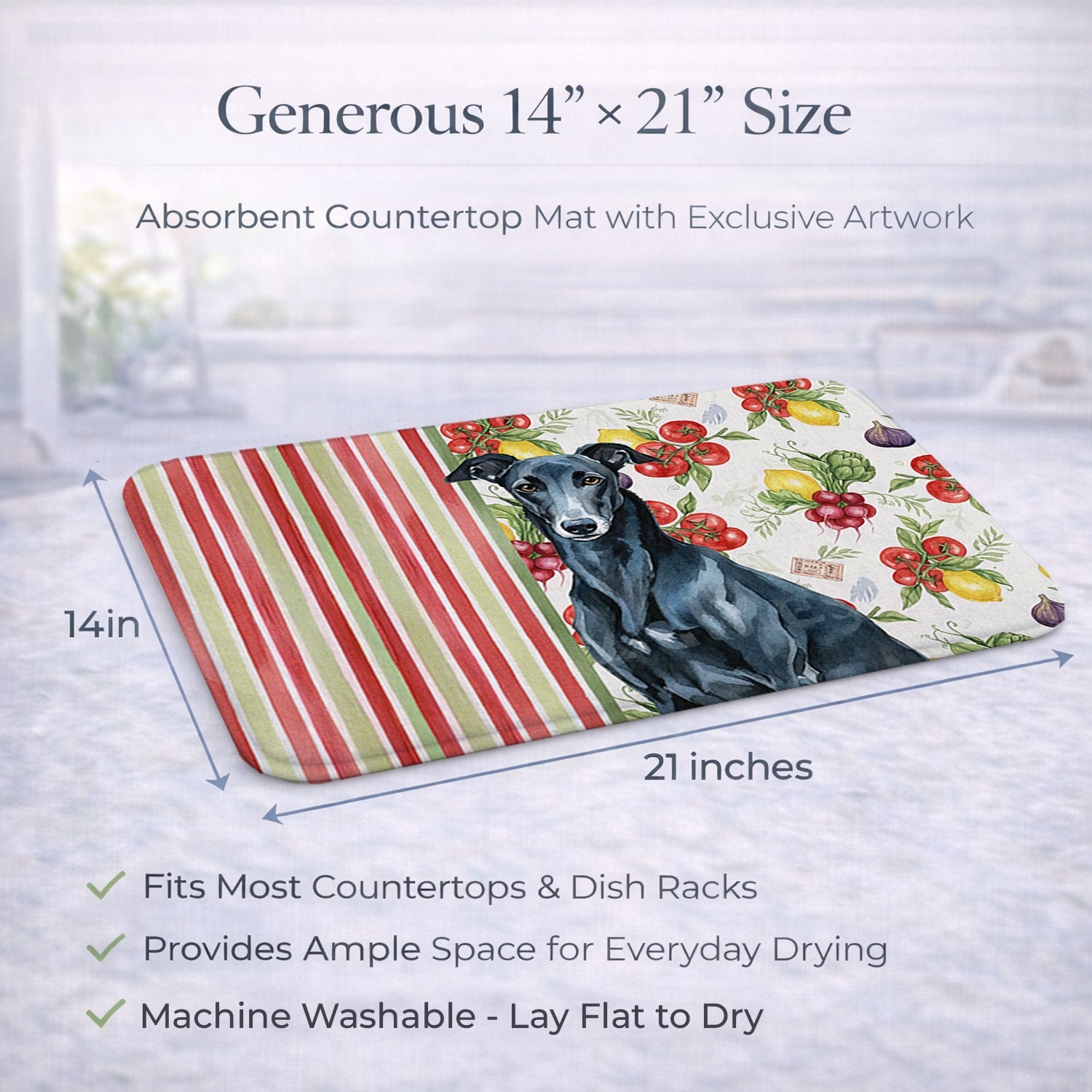 Black Greyhound Vegetables Dish Drying Mat Absorbent Dish Drying Mat Pad for Kitchen Counter Dish Drainer Mat for Countertop, 14 x 21", Multicolor