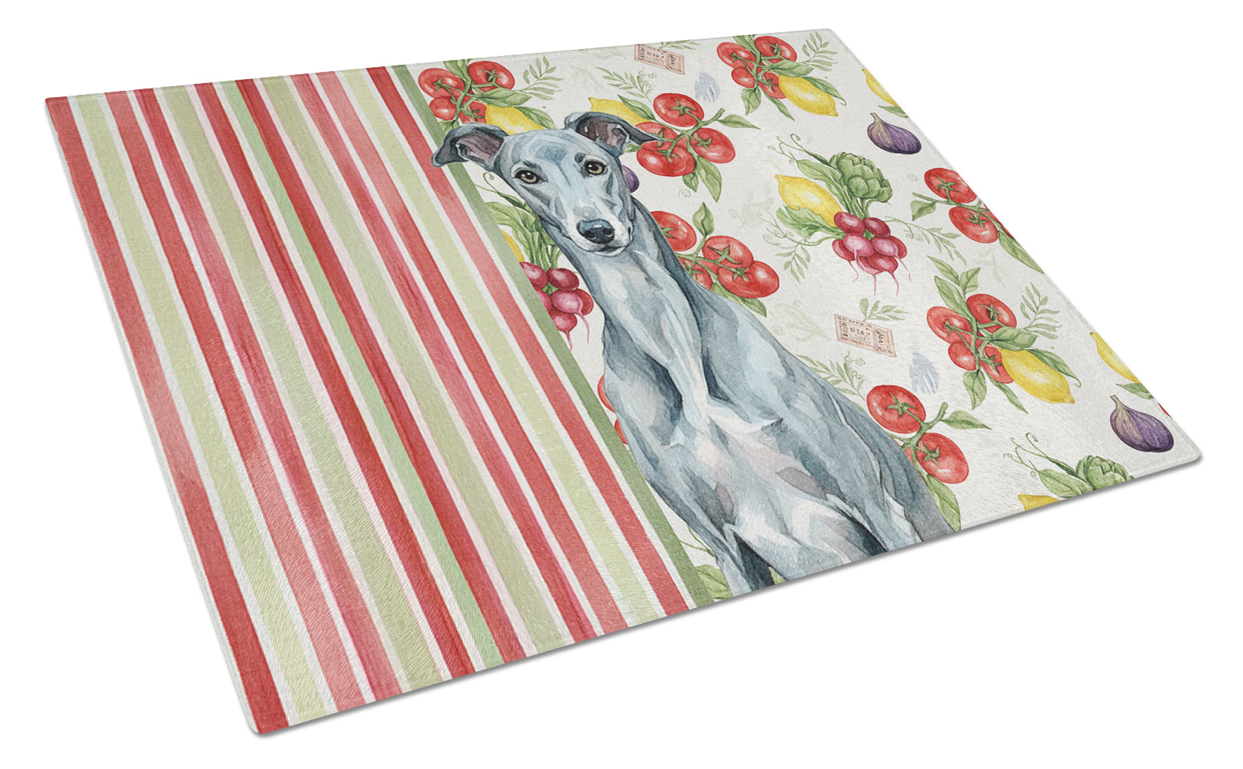 Blue Brindle Greyhound Vegetables Cutting Board Tempered Glass Kitchen Cutting Surface, Heat Resistant Chopping, Non-Slip Feet, Food Prep & Serving