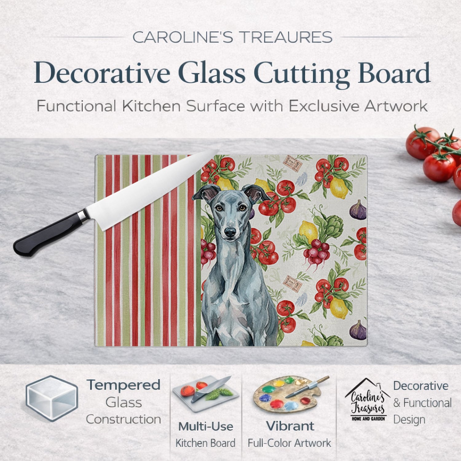 Blue Brindle Greyhound Vegetables Cutting Board Tempered Glass Kitchen Cutting Surface, Heat Resistant Chopping, Non-Slip Feet, Food Prep & Serving