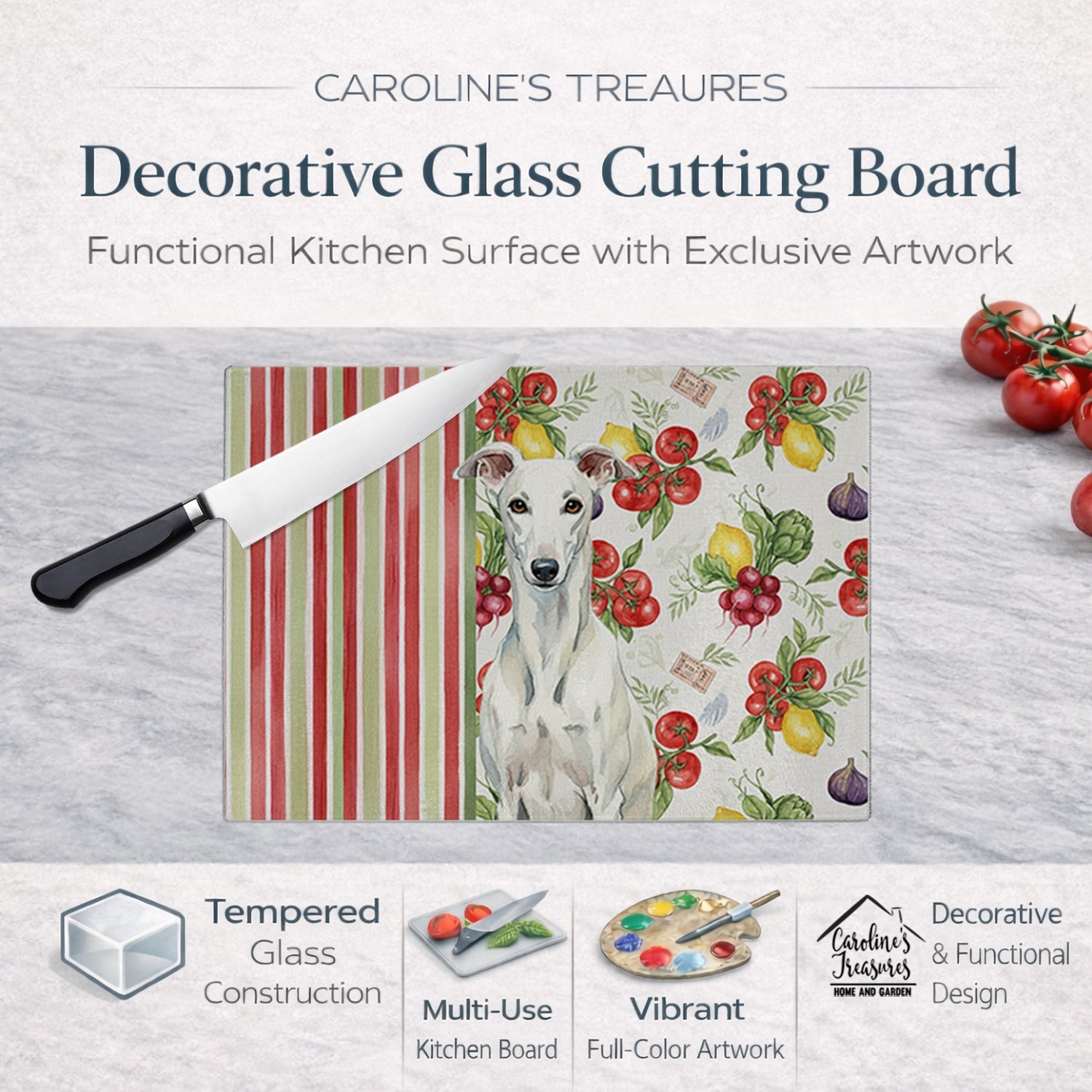 White Greyhound Vegetables Cutting Board Tempered Glass Kitchen Cutting Surface, Heat Resistant Chopping, Non-Slip Feet, Food Prep & Serving