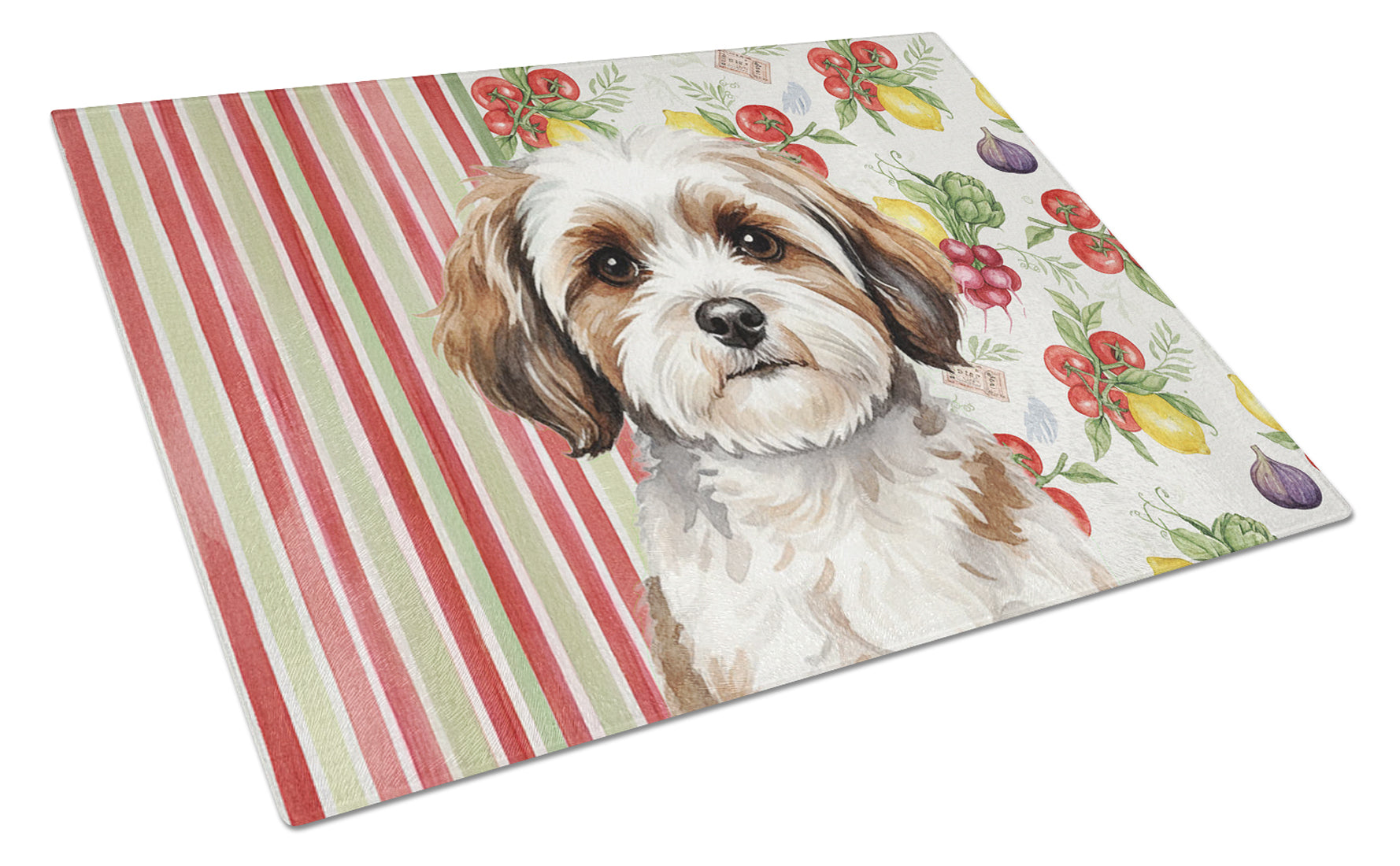 Parti-color Havanese Vegetables Cutting Board Tempered Glass Kitchen Cutting Surface, Heat Resistant Chopping, Non-Slip Feet, Food Prep & Serving