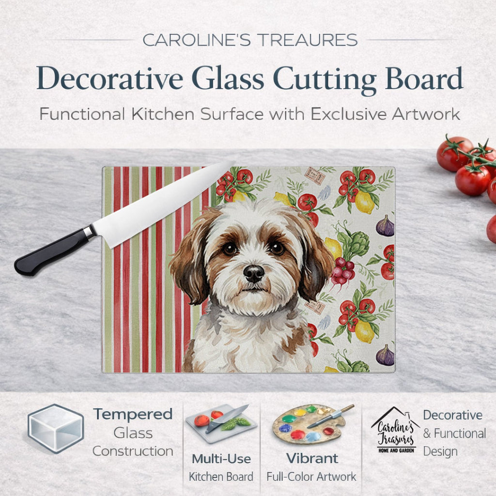Parti-color Havanese Vegetables Cutting Board Tempered Glass Kitchen Cutting Surface, Heat Resistant Chopping, Non-Slip Feet, Food Prep & Serving
