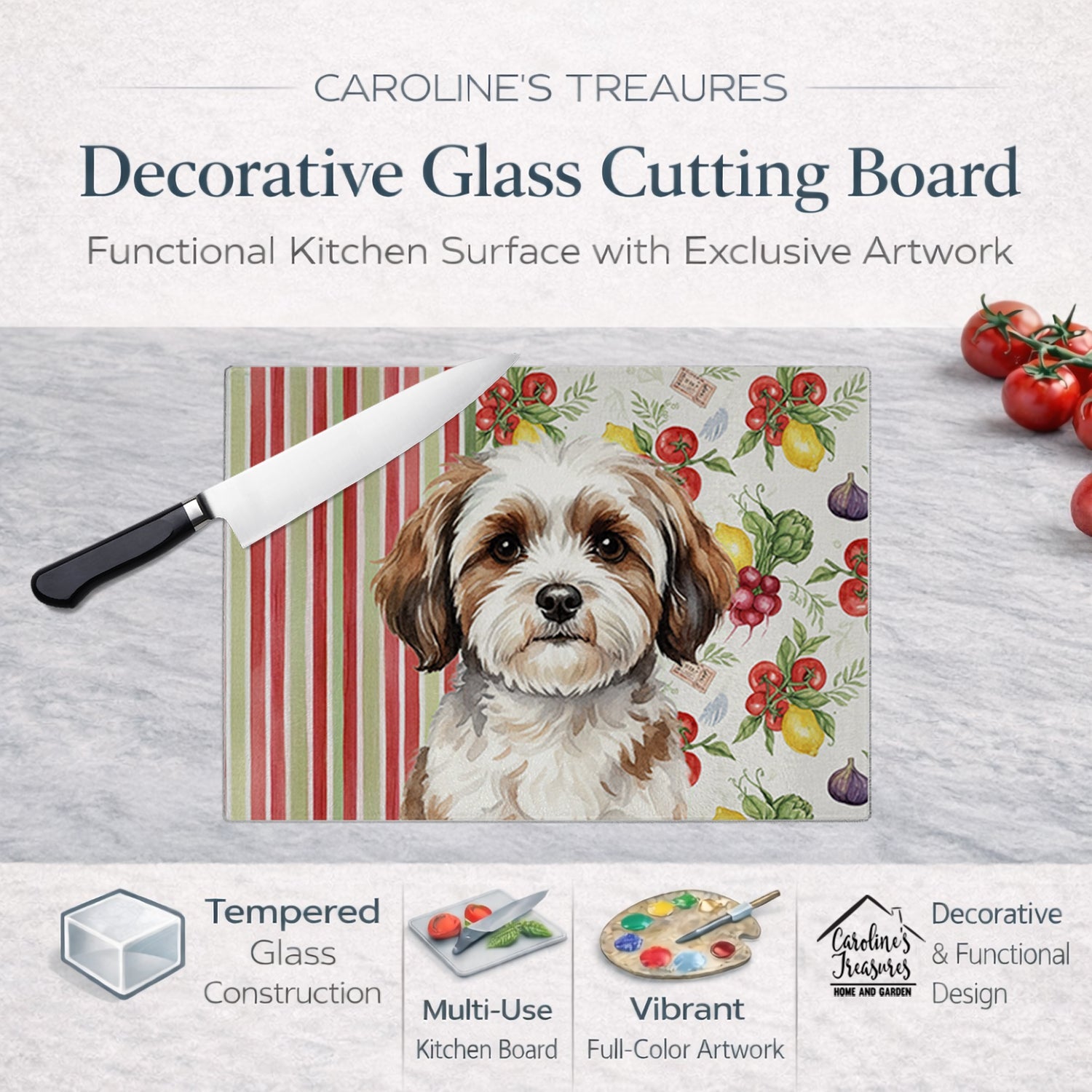 Parti-color Havanese Vegetables Cutting Board Tempered Glass Kitchen Cutting Surface, Heat Resistant Chopping, Non-Slip Feet, Food Prep & Serving