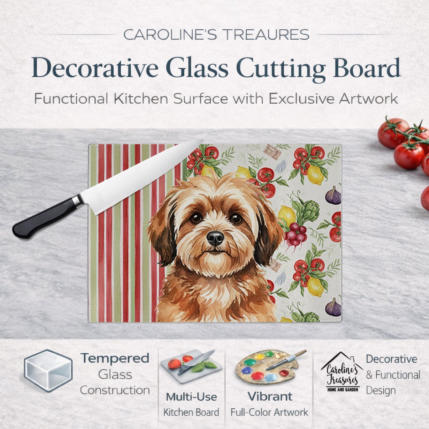 Sable Havanese Vegetables Cutting Board Tempered Glass Kitchen Cutting Surface, Heat Resistant Chopping, Non-Slip Feet, Food Prep & Serving