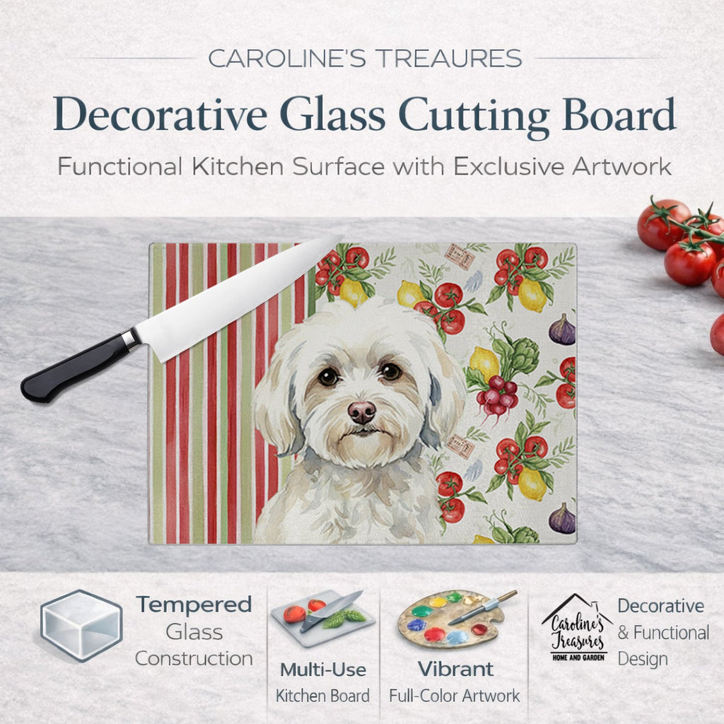 White Havanese Vegetables Cutting Board Tempered Glass Kitchen Cutting Surface, Heat Resistant Chopping, Non-Slip Feet, Food Prep & Serving