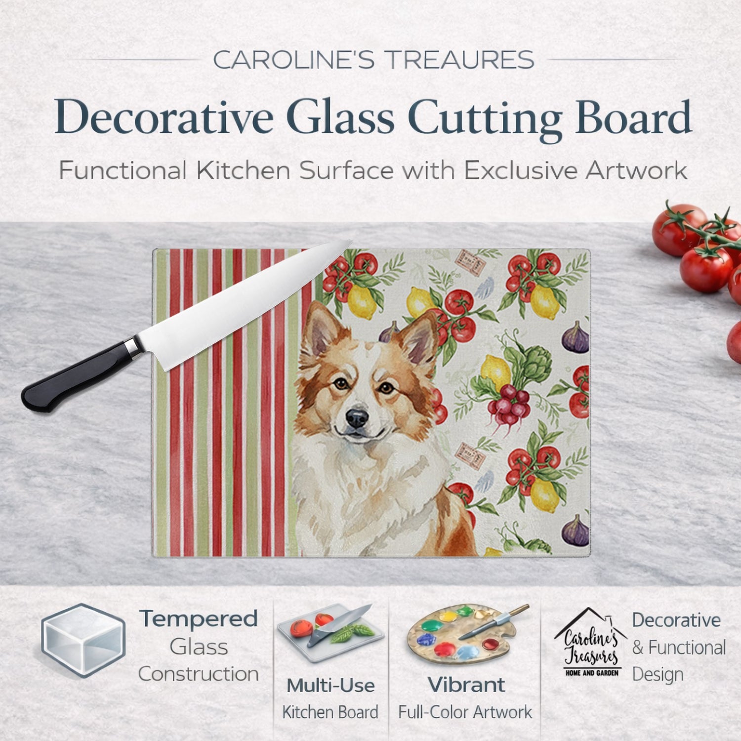 Tan Icelandic Sheepdog Vegetables Cutting Board Tempered Glass Kitchen Cutting Surface, Heat Resistant Chopping, Non-Slip Feet, Food Prep & Serving