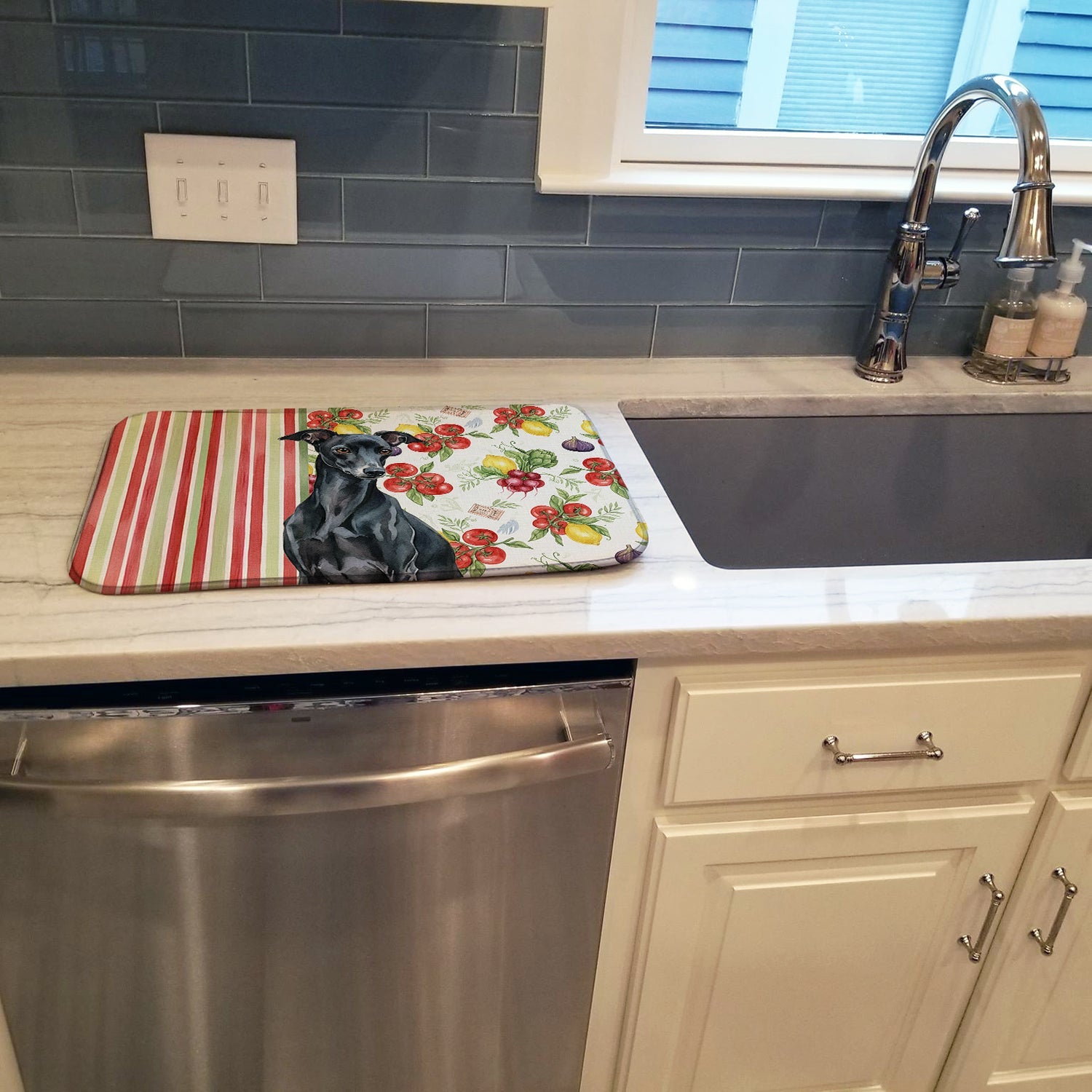Black Italian Greyhound Vegetables Dish Drying Mat Absorbent Dish Drying Mat Pad for Kitchen Counter Dish Drainer Mat for Countertop, 14 x 21", Multicolor