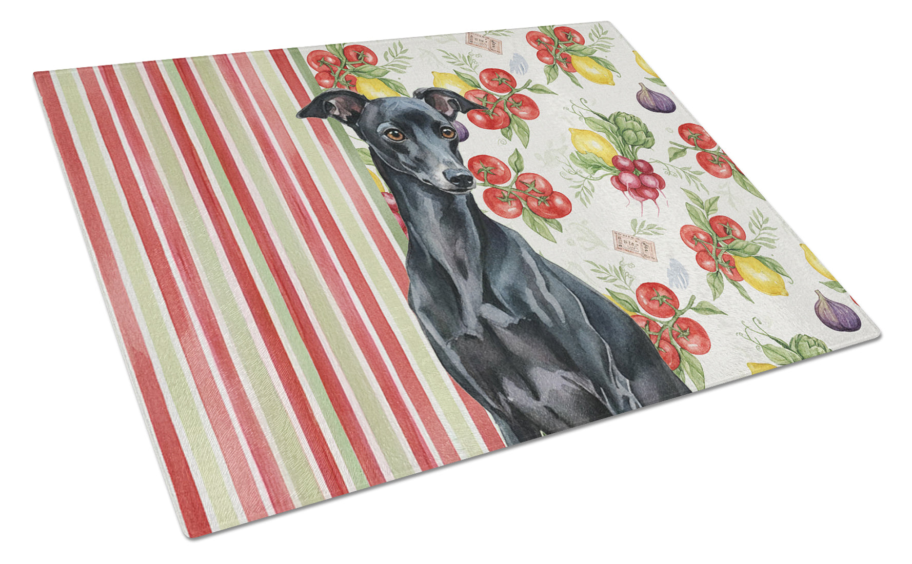 Black Italian Greyhound Vegetables Cutting Board Tempered Glass Kitchen Cutting Surface, Heat Resistant Chopping, Non-Slip Feet, Food Prep & Serving