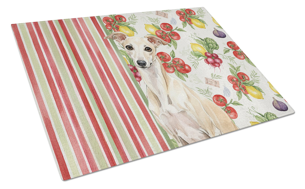 Cream Italian Greyhound Vegetables Cutting Board Tempered Glass Kitchen Cutting Surface, Heat Resistant Chopping, Non-Slip Feet, Food Prep & Serving