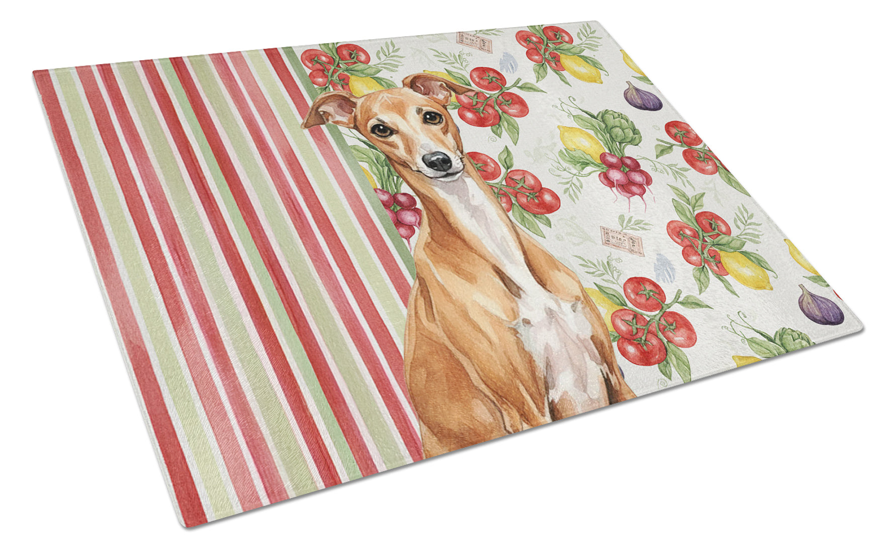 Red Italian Greyhound Vegetables Cutting Board Tempered Glass Kitchen Cutting Surface, Heat Resistant Chopping, Non-Slip Feet, Food Prep & Serving