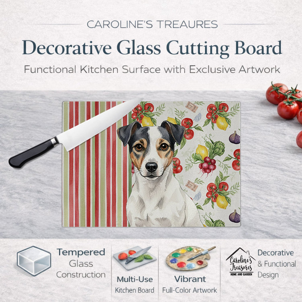 White and Black Jack Russell Terrier Vegetables Cutting Board Tempered Glass Kitchen Cutting Surface, Heat Resistant Chopping, Non-Slip Feet, Food Prep & Serving