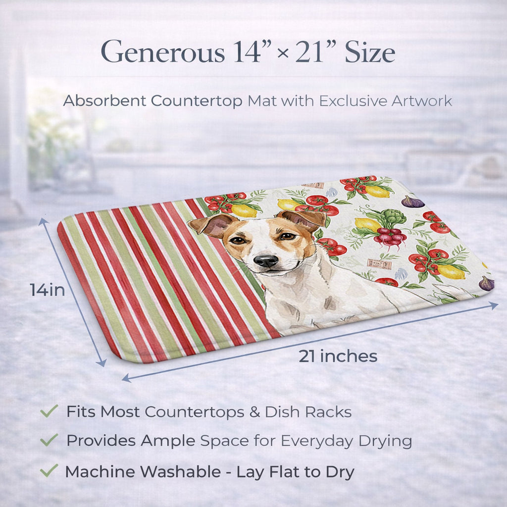 White and Tan Jack Russell Terrier Vegetables Dish Drying Mat Absorbent Dish Drying Mat Pad for Kitchen Counter Dish Drainer Mat for Countertop, 14 x 21", Multicolor