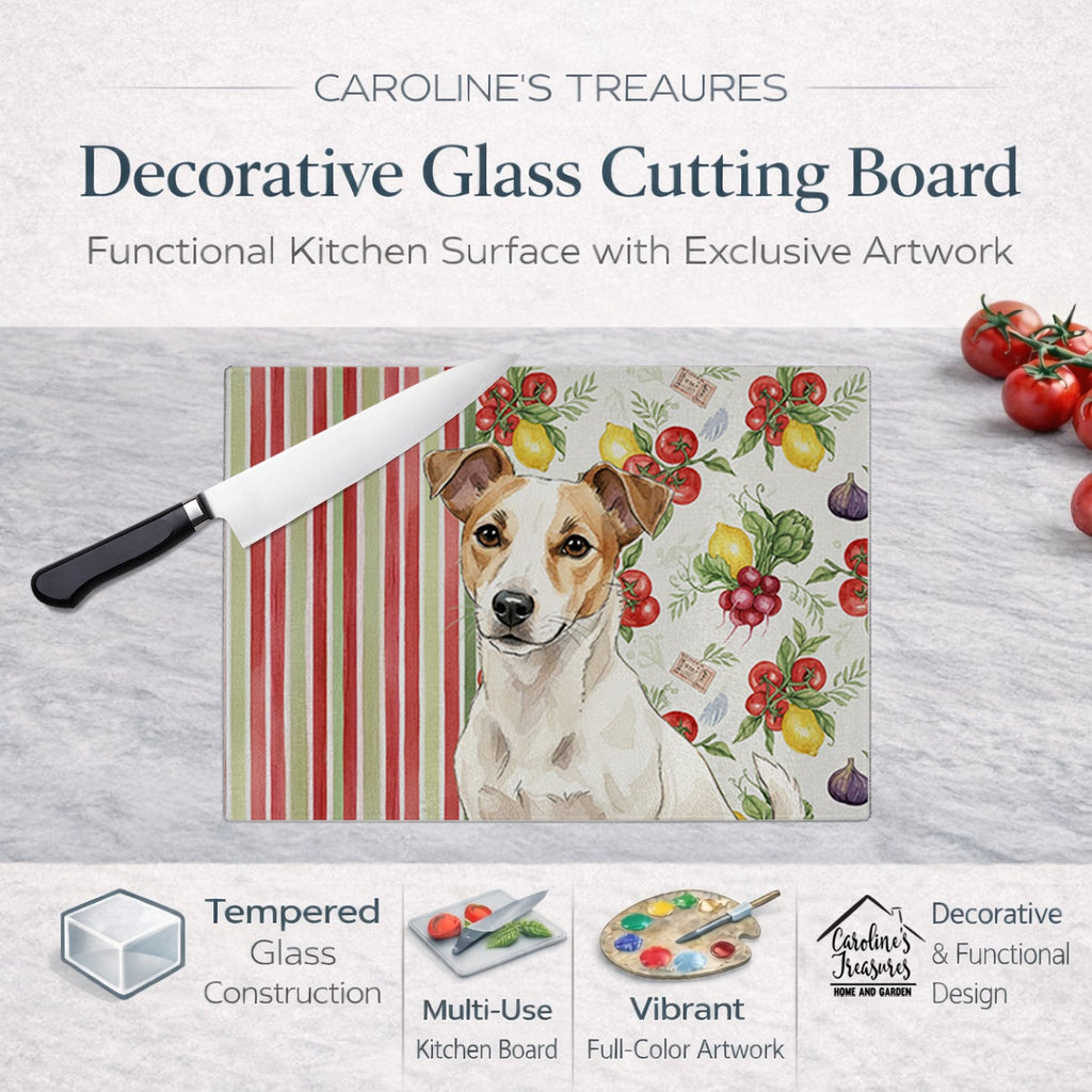 White and Tan Jack Russell Terrier Vegetables Cutting Board Tempered Glass Kitchen Cutting Surface, Heat Resistant Chopping, Non-Slip Feet, Food Prep & Serving