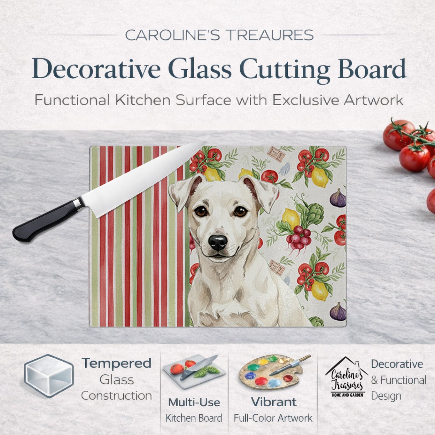 White Jack Russell Terrier Vegetables Cutting Board Tempered Glass Kitchen Cutting Surface, Heat Resistant Chopping, Non-Slip Feet, Food Prep & Serving