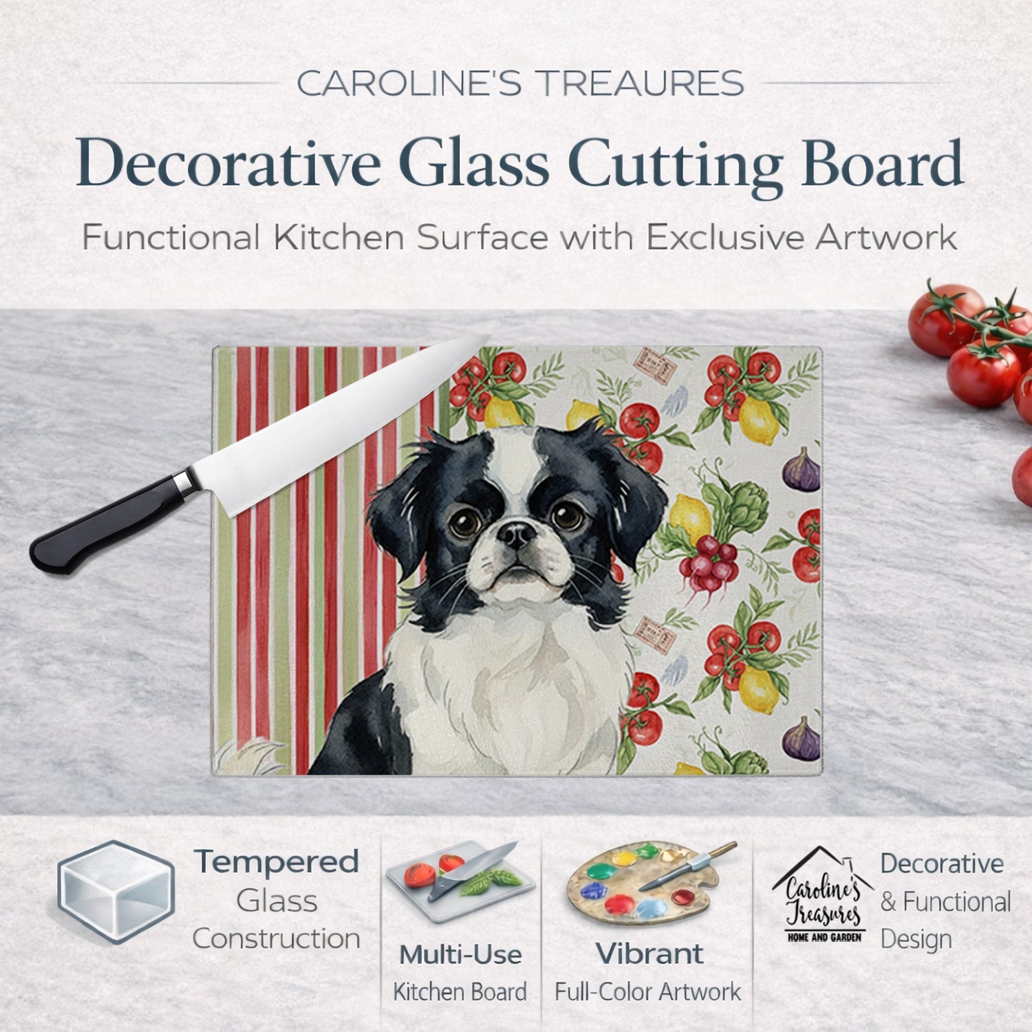 Black and White Japanese Chin Vegetables Cutting Board Tempered Glass Kitchen Cutting Surface, Heat Resistant Chopping, Non-Slip Feet, Food Prep & Serving