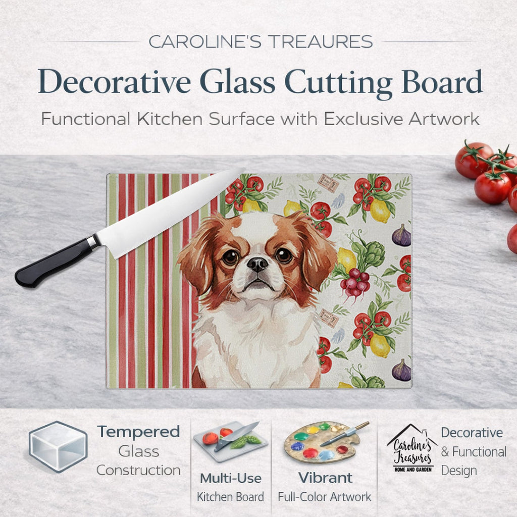 Red and White Japanese Chin Vegetables Cutting Board Tempered Glass Kitchen Cutting Surface, Heat Resistant Chopping, Non-Slip Feet, Food Prep & Serving