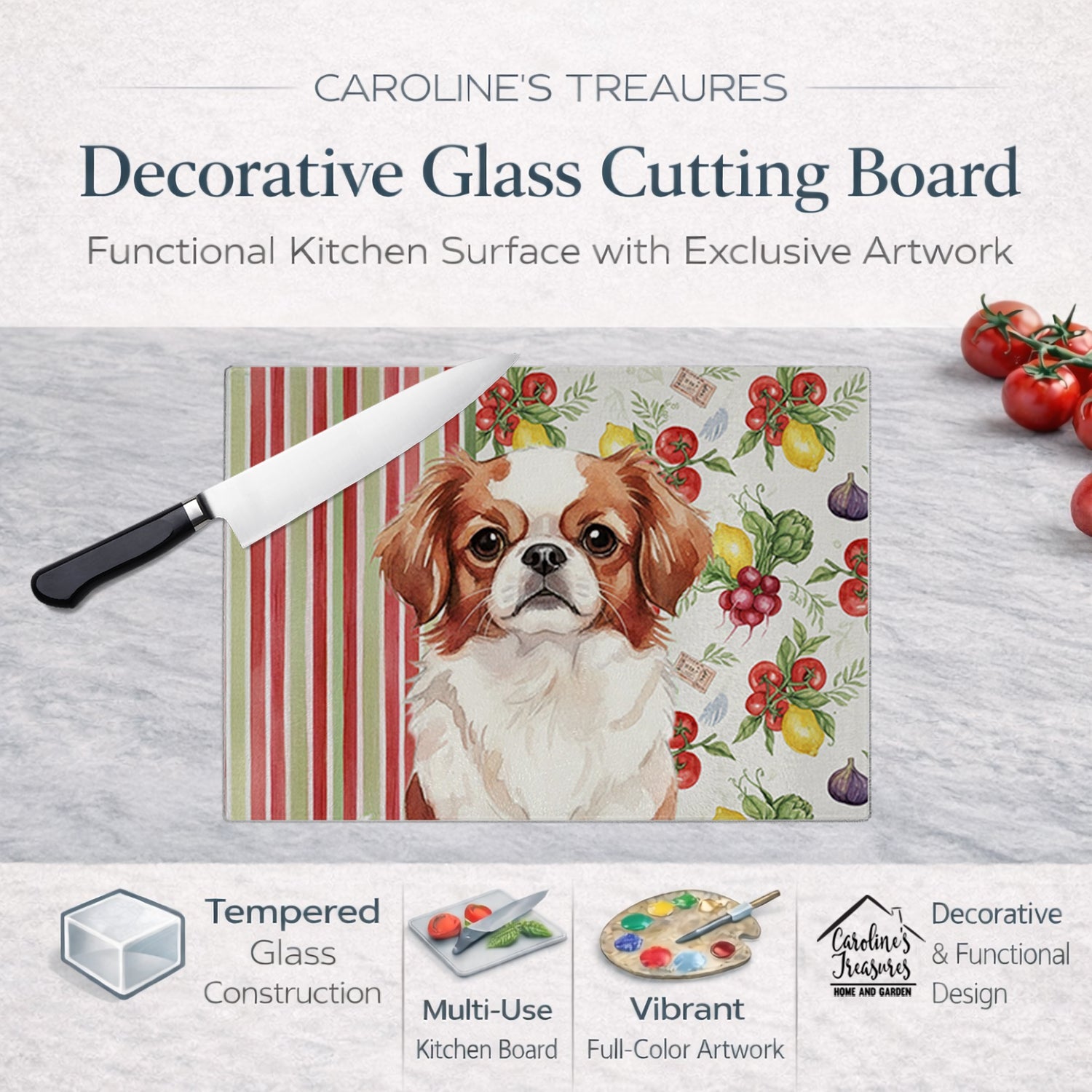 Red and White Japanese Chin Vegetables Cutting Board Tempered Glass Kitchen Cutting Surface, Heat Resistant Chopping, Non-Slip Feet, Food Prep & Serving
