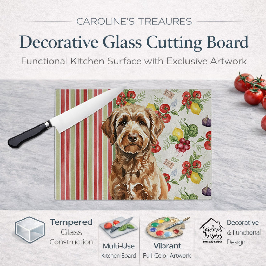 Chocolate Labradoodle Vegetables Cutting Board Tempered Glass Kitchen Cutting Surface, Heat Resistant Chopping, Non-Slip Feet, Food Prep & Serving