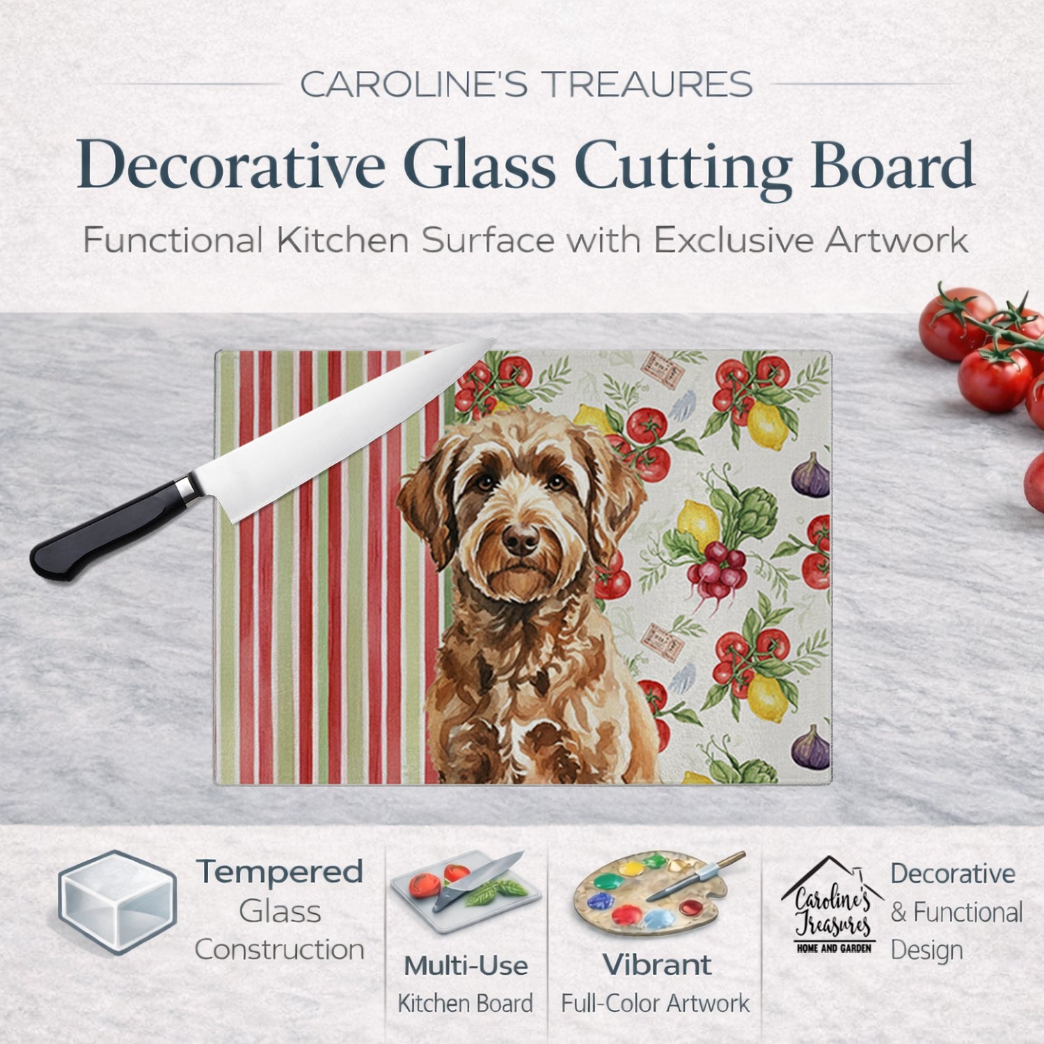 Chocolate Labradoodle Vegetables Cutting Board Tempered Glass Kitchen Cutting Surface, Heat Resistant Chopping, Non-Slip Feet, Food Prep & Serving