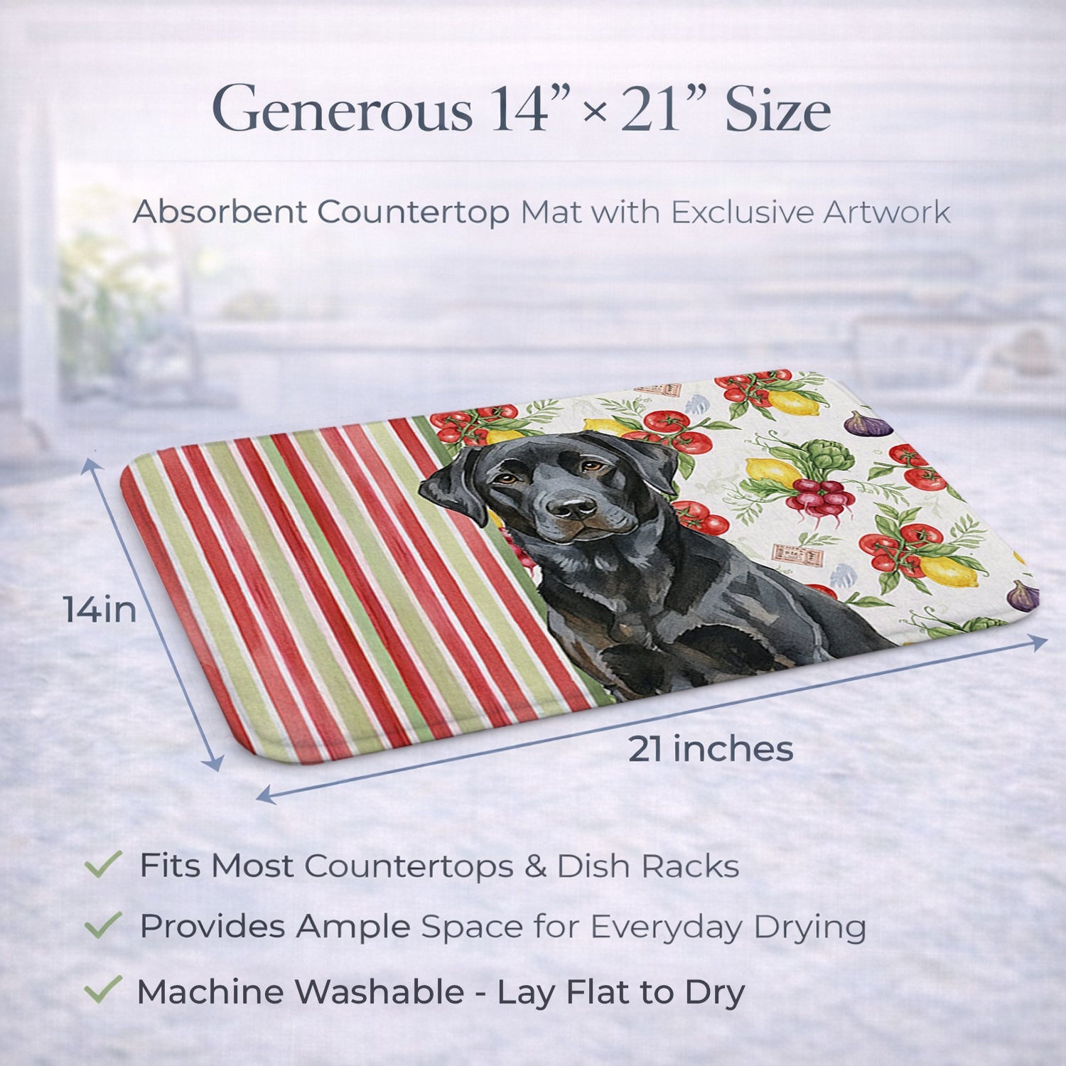 Black Labrador Retriever Vegetables Dish Drying Mat Absorbent Dish Drying Mat Pad for Kitchen Counter Dish Drainer Mat for Countertop, 14 x 21", Multicolor