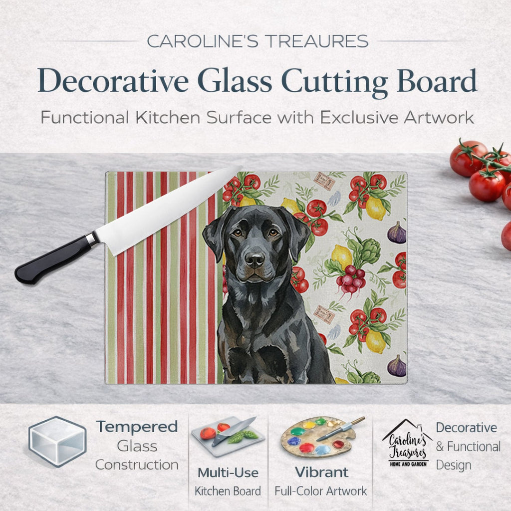 Black Labrador Retriever Vegetables Cutting Board Tempered Glass Kitchen Cutting Surface, Heat Resistant Chopping, Non-Slip Feet, Food Prep & Serving