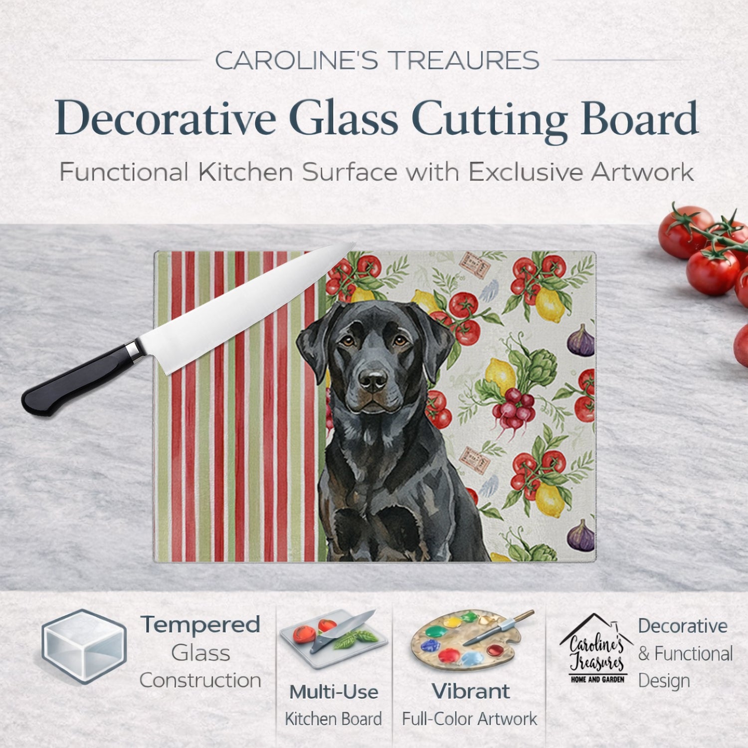 Black Labrador Retriever Vegetables Cutting Board Tempered Glass Kitchen Cutting Surface, Heat Resistant Chopping, Non-Slip Feet, Food Prep & Serving